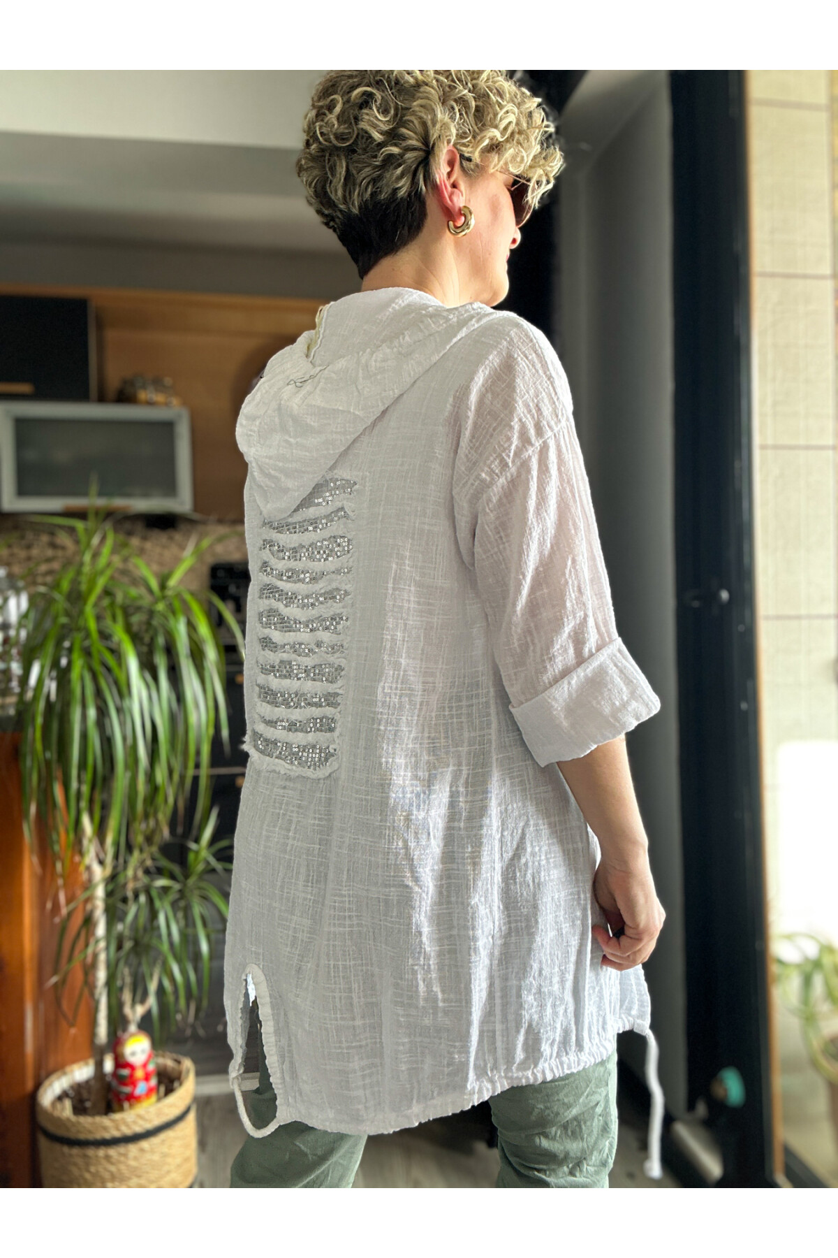 Musso Kapşonlu Arka Pul Detay Keten Ceket Beyaz