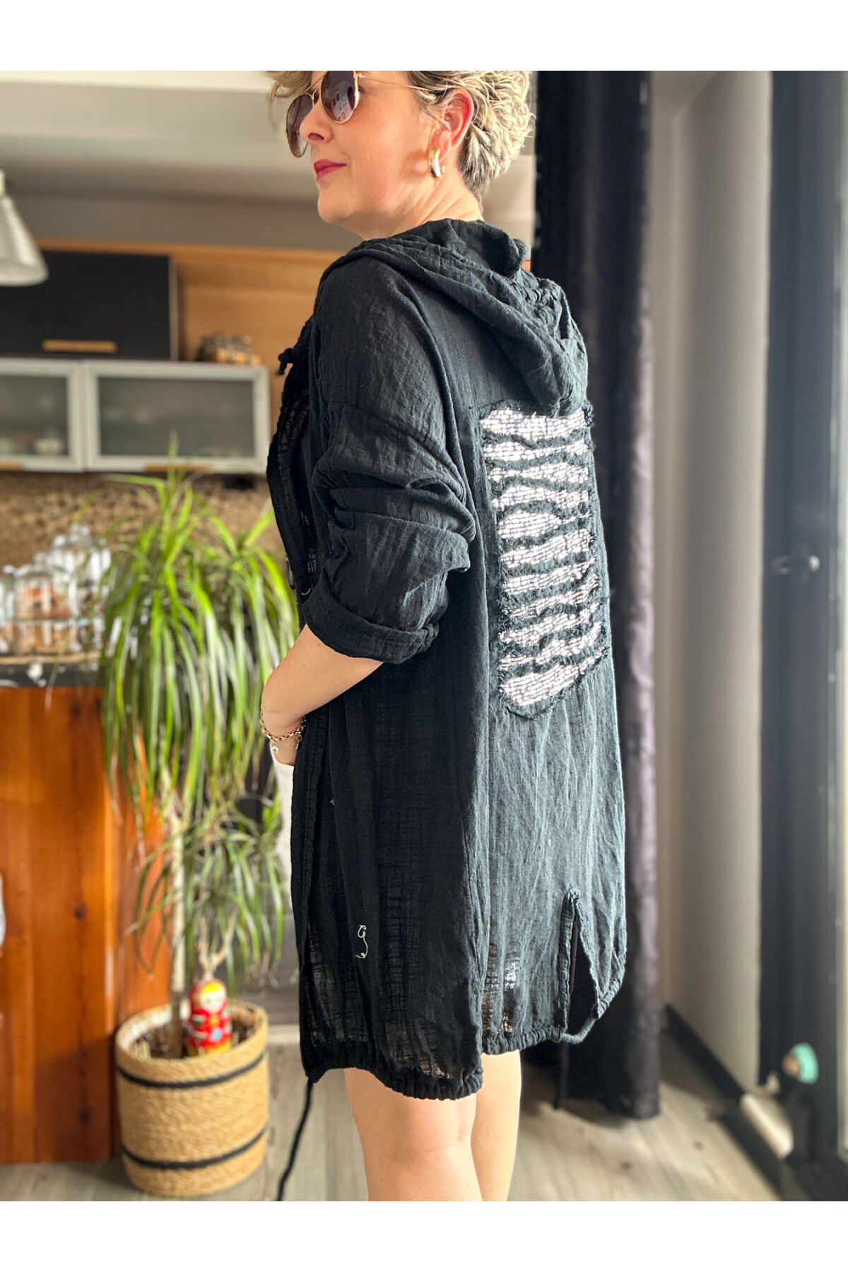 Musso Kapşonlu Arka Pul Detay Keten Ceket Siyah