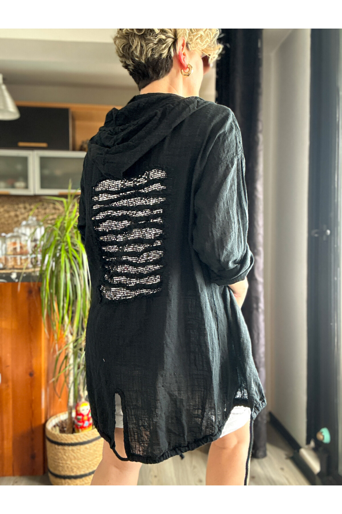 Musso Kapşonlu Arka Pul Detay Keten Ceket Siyah