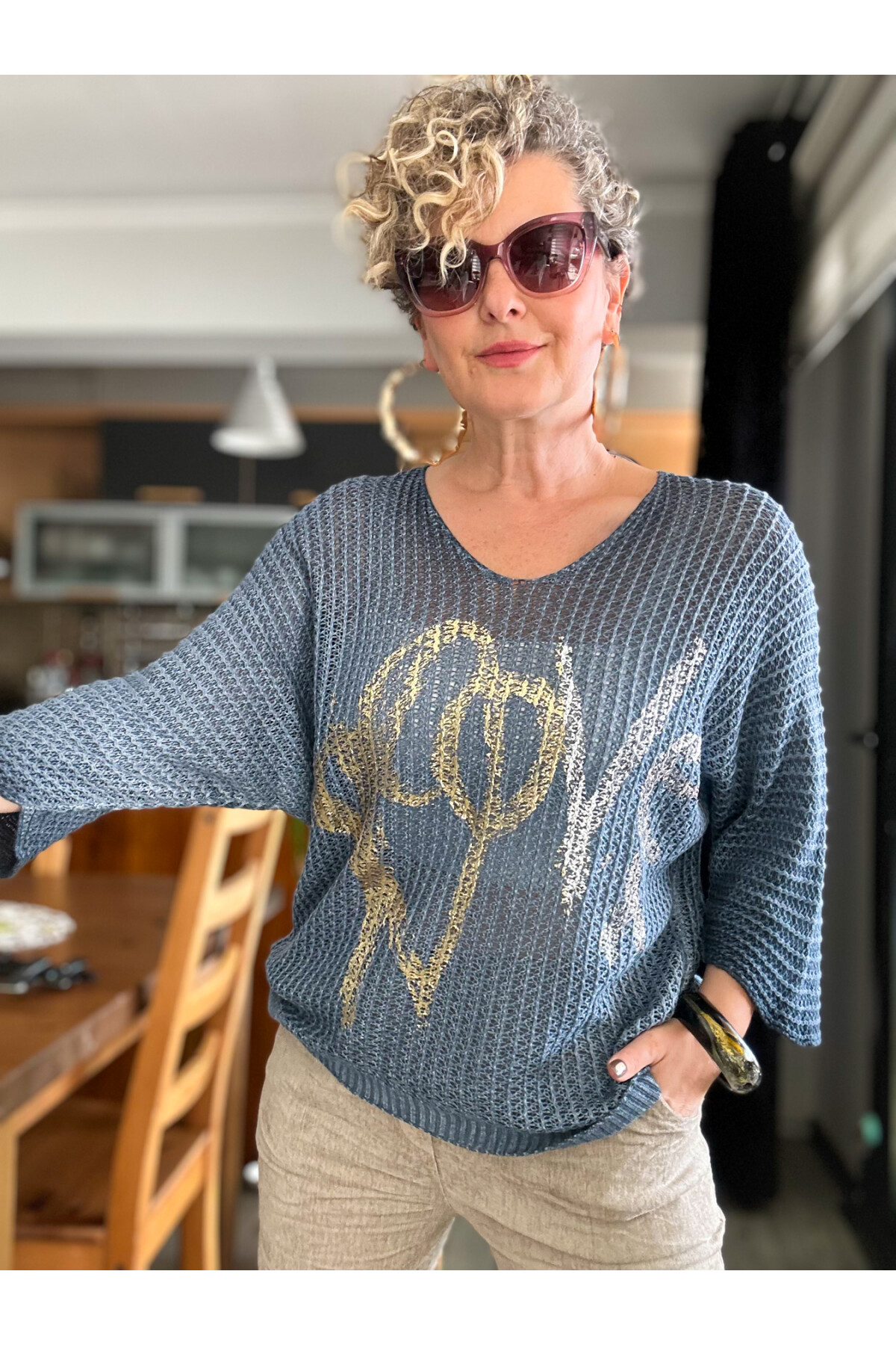 Nando İtalyan Varak Love Baskılı Triko Blue