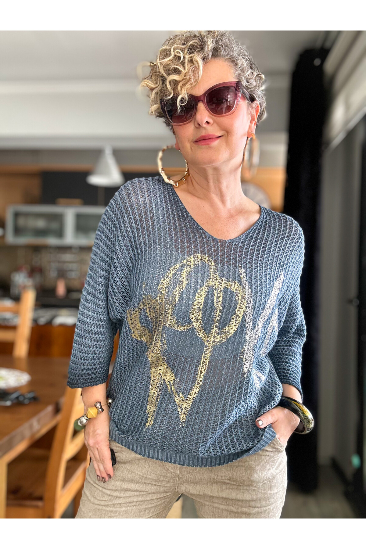 Nando İtalyan Varak Love Baskılı Triko Blue