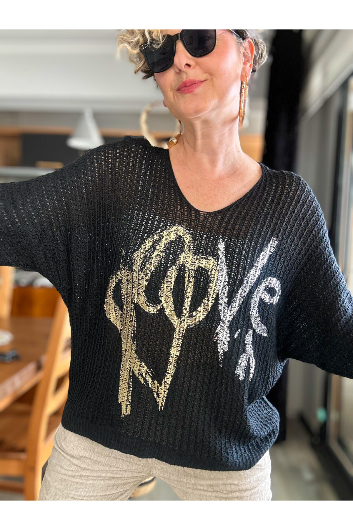 Nando İtalyan Varak Love Baskılı Triko Siyah