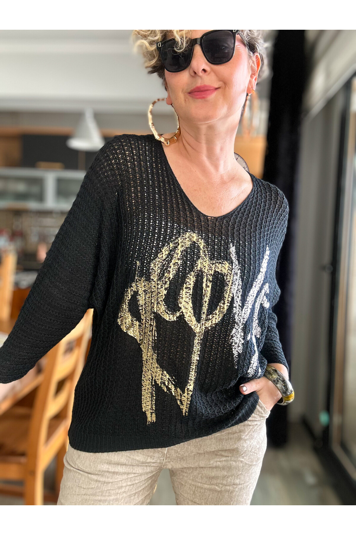 Nando İtalyan Varak Love Baskılı Triko Siyah