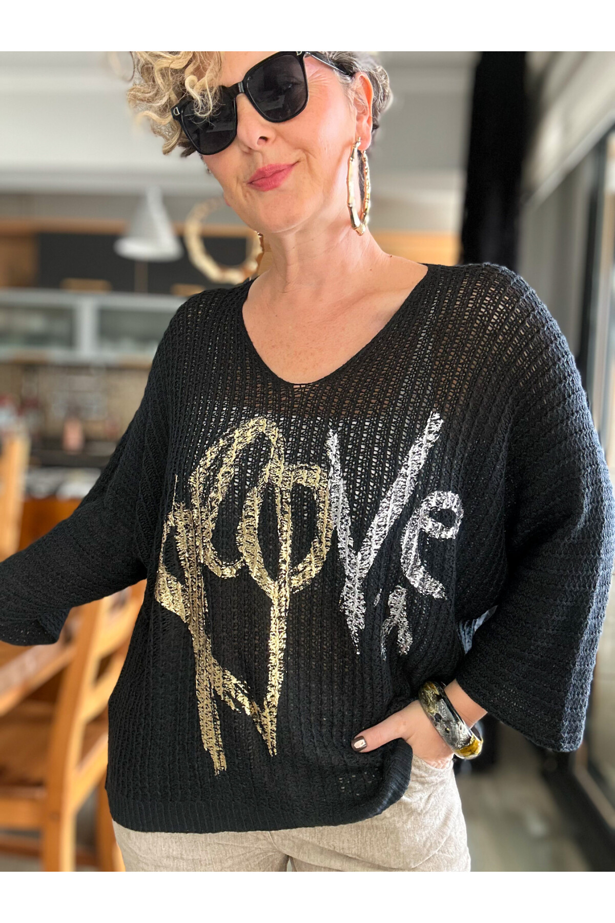 Nando İtalyan Varak Love Baskılı Triko Siyah