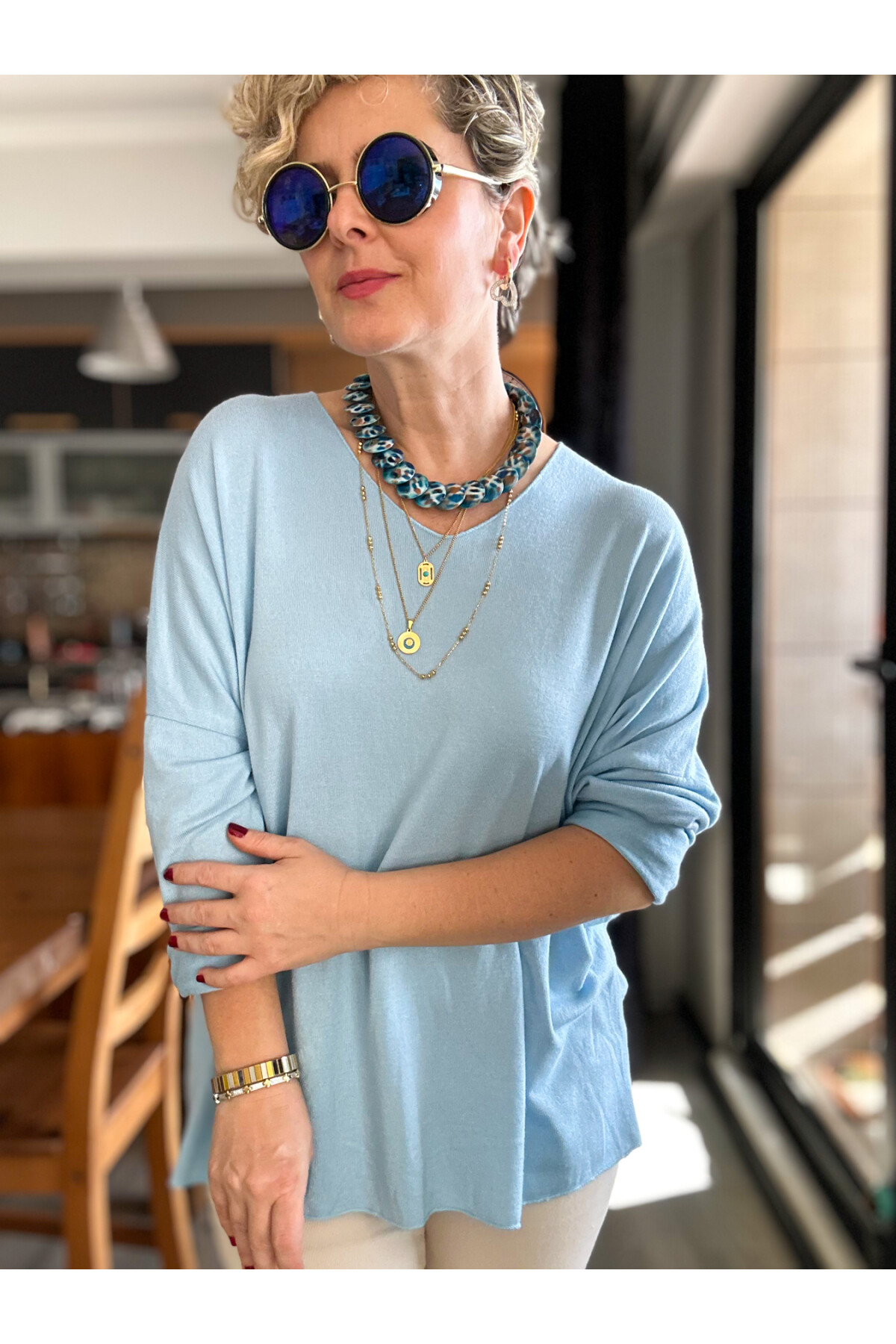 Nonna İthal V Yaka Tasarım Triko Bebe Mavi