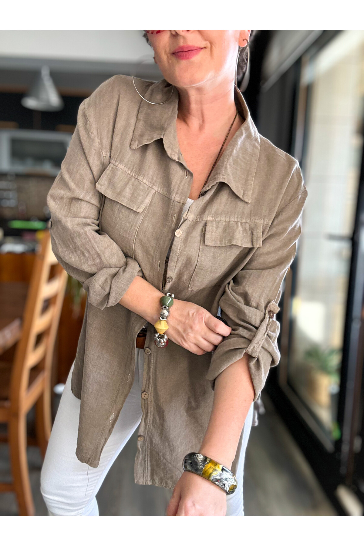 Pablo Tasarım Yan Düğme Detaylı Gömlek Vizon