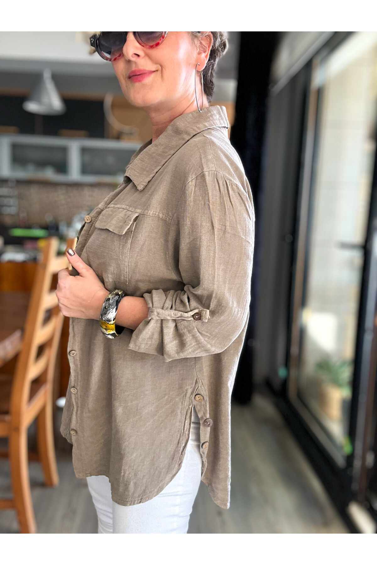 Pablo Tasarım Yan Düğme Detaylı Gömlek Vizon