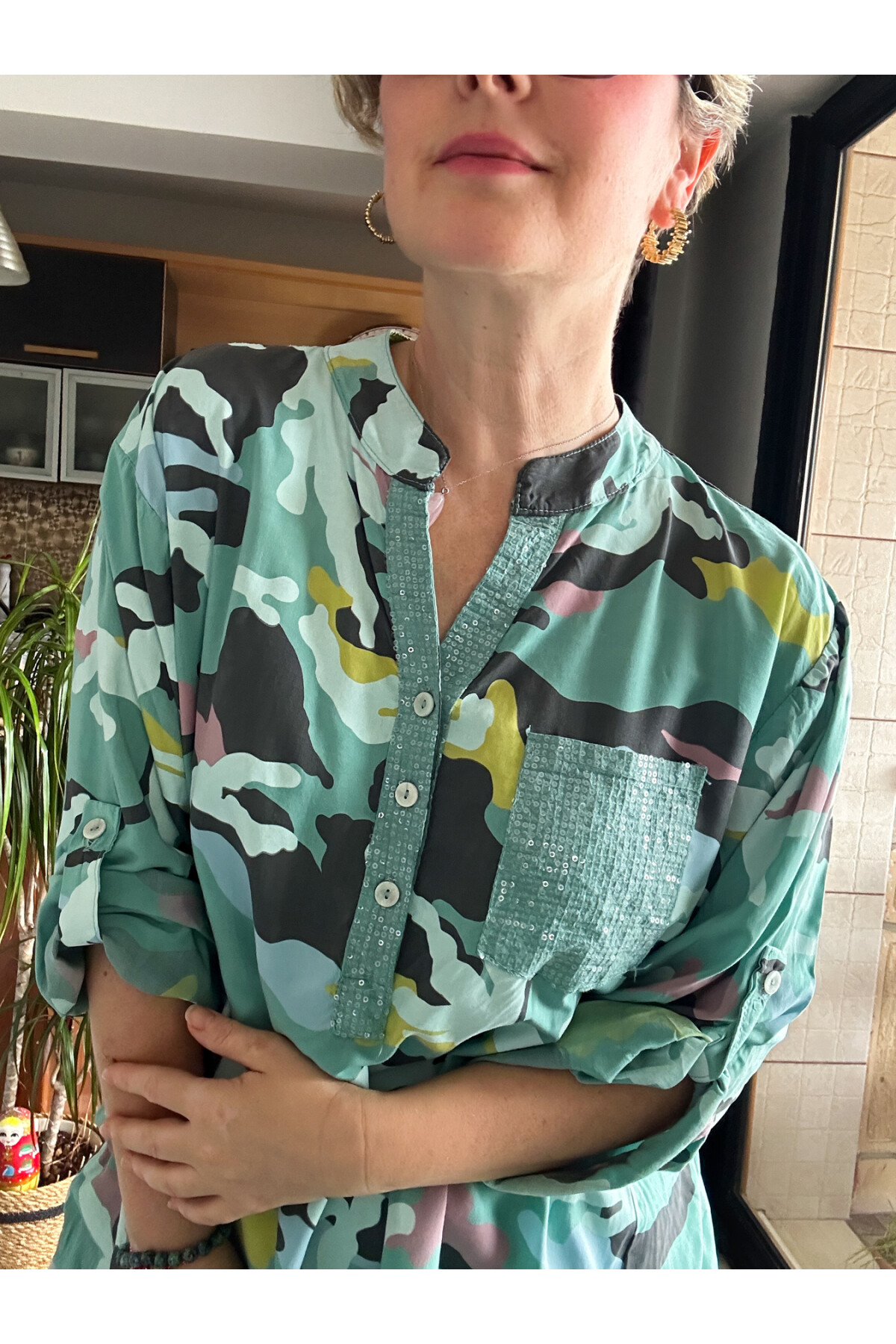Panino İthal Kamuflaj Desen Gömlek Mint