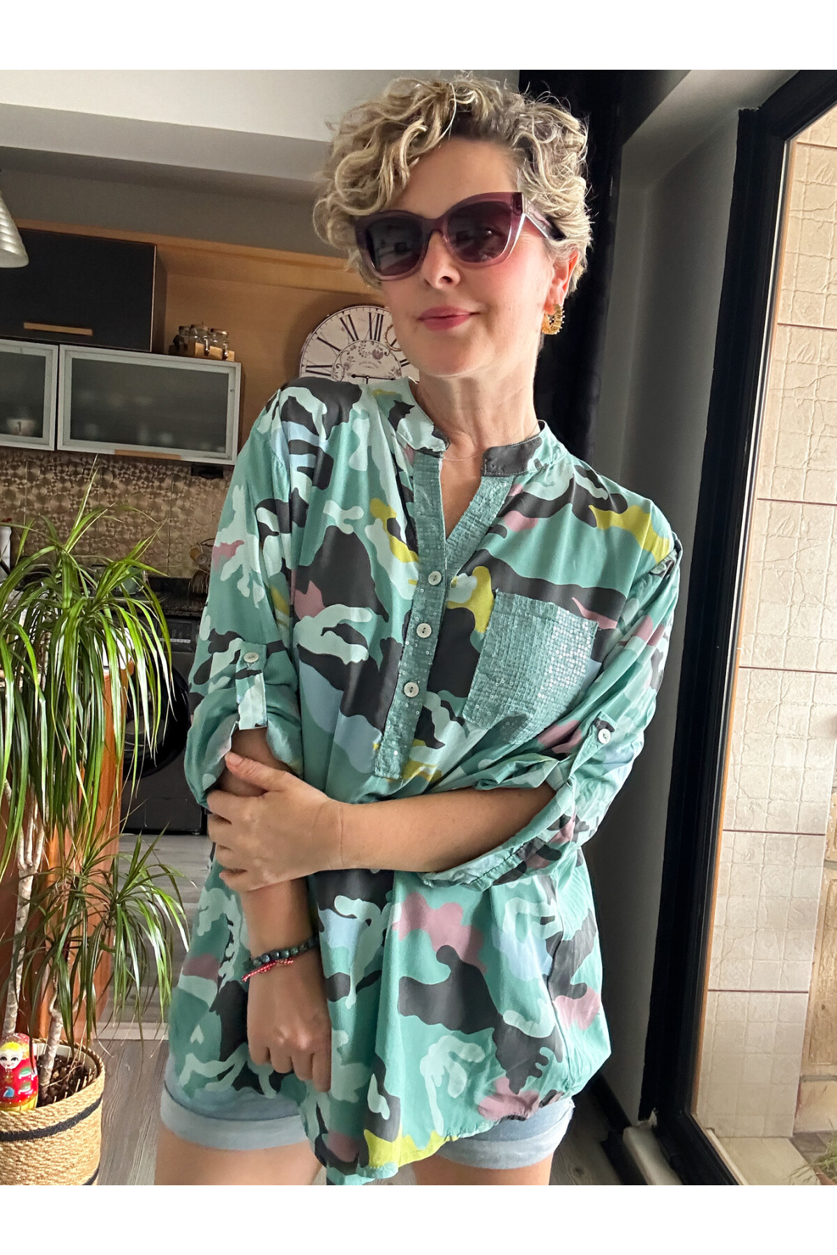 Panino İthal Kamuflaj Desen Gömlek Mint