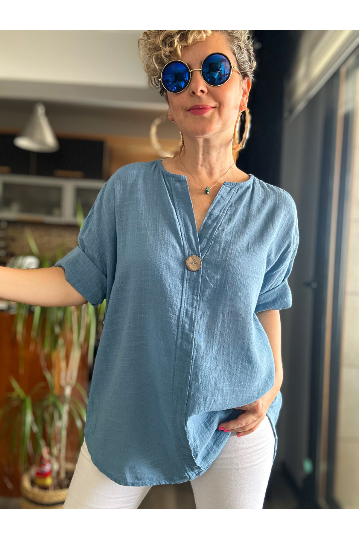 Papri İtalyan Tahta Düğme Detay Bluz Gök Mavi
