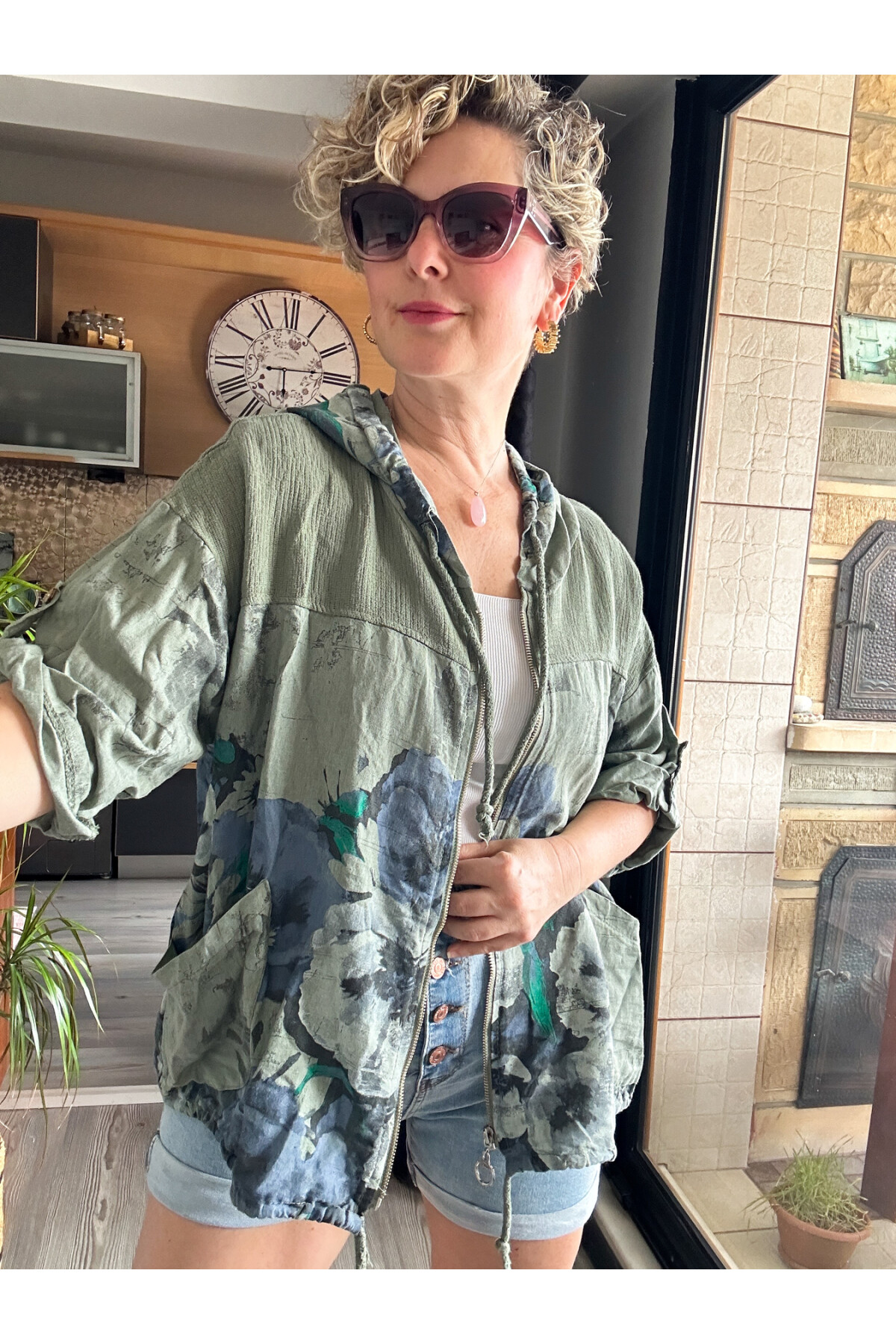 Passi İtalyan Tasarım Çiçek Desen Kapşon Ceket Haki Yeşil