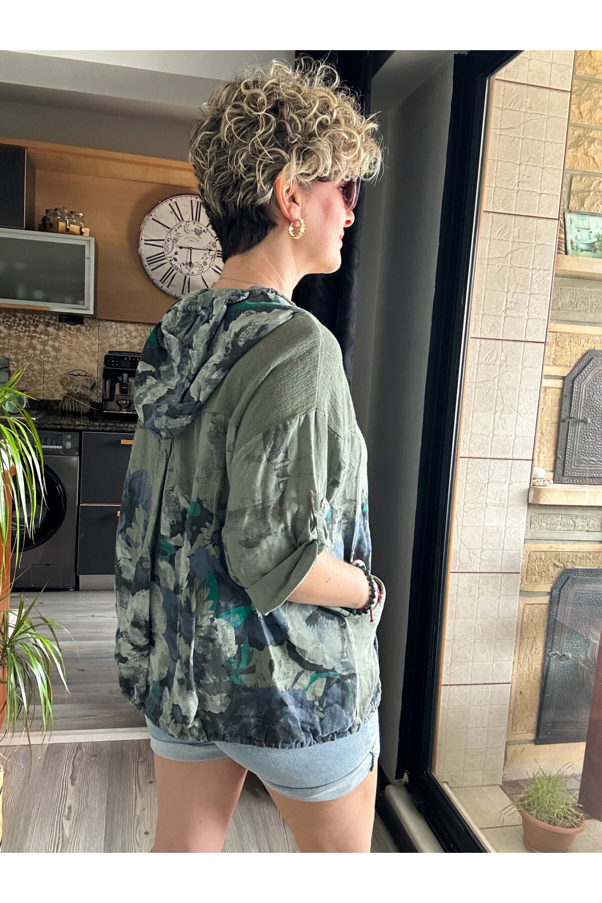 Passi İtalyan Tasarım Çiçek Desen Kapşon Ceket Haki Yeşil