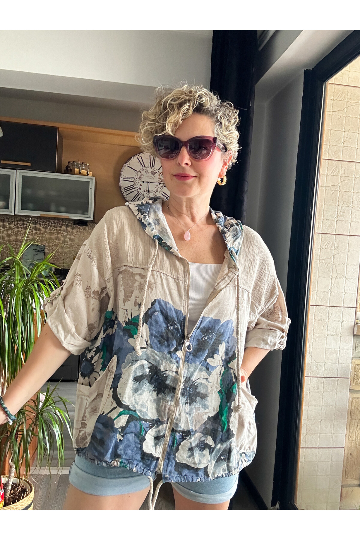 Passi İtalyan Tasarım Çiçek Desen Kapşon Ceket Vizon