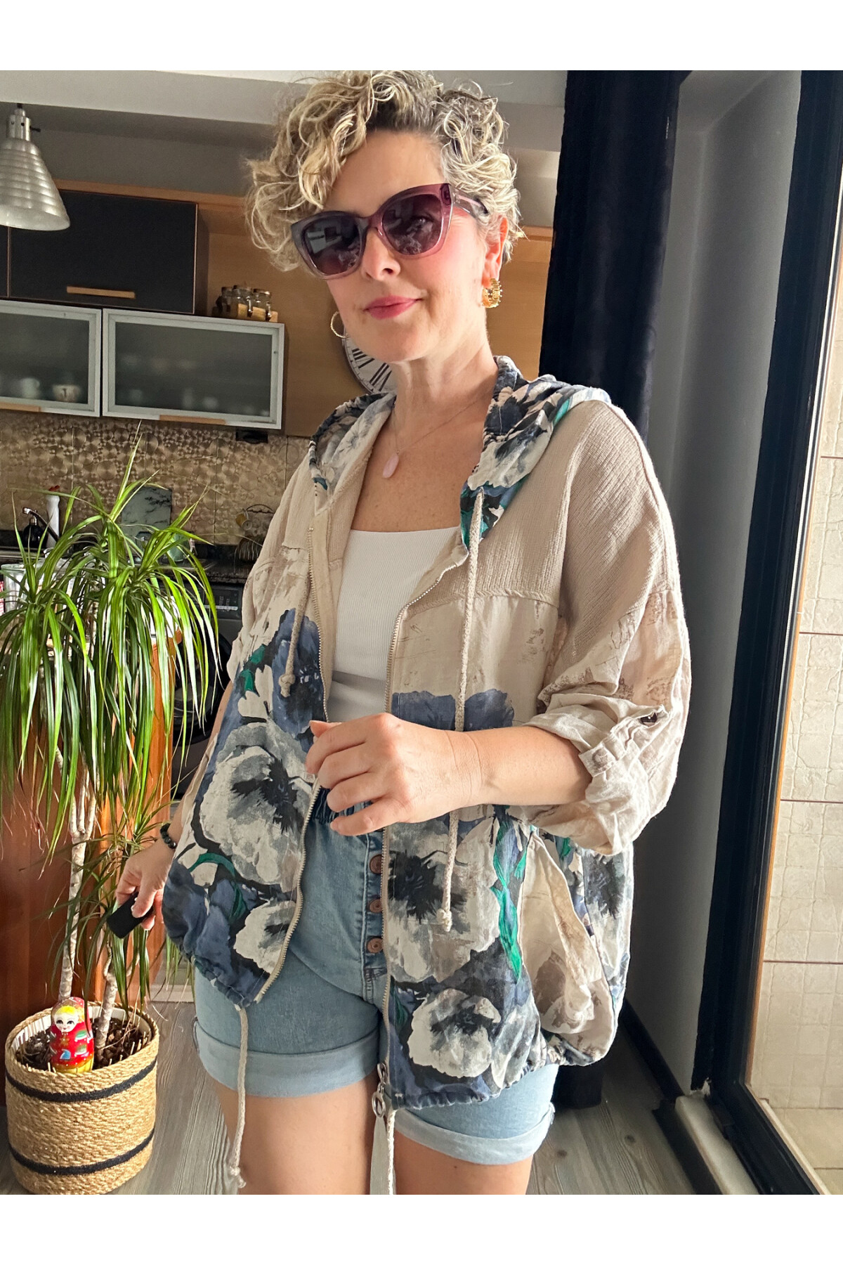 Passi İtalyan Tasarım Çiçek Desen Kapşon Ceket Vizon