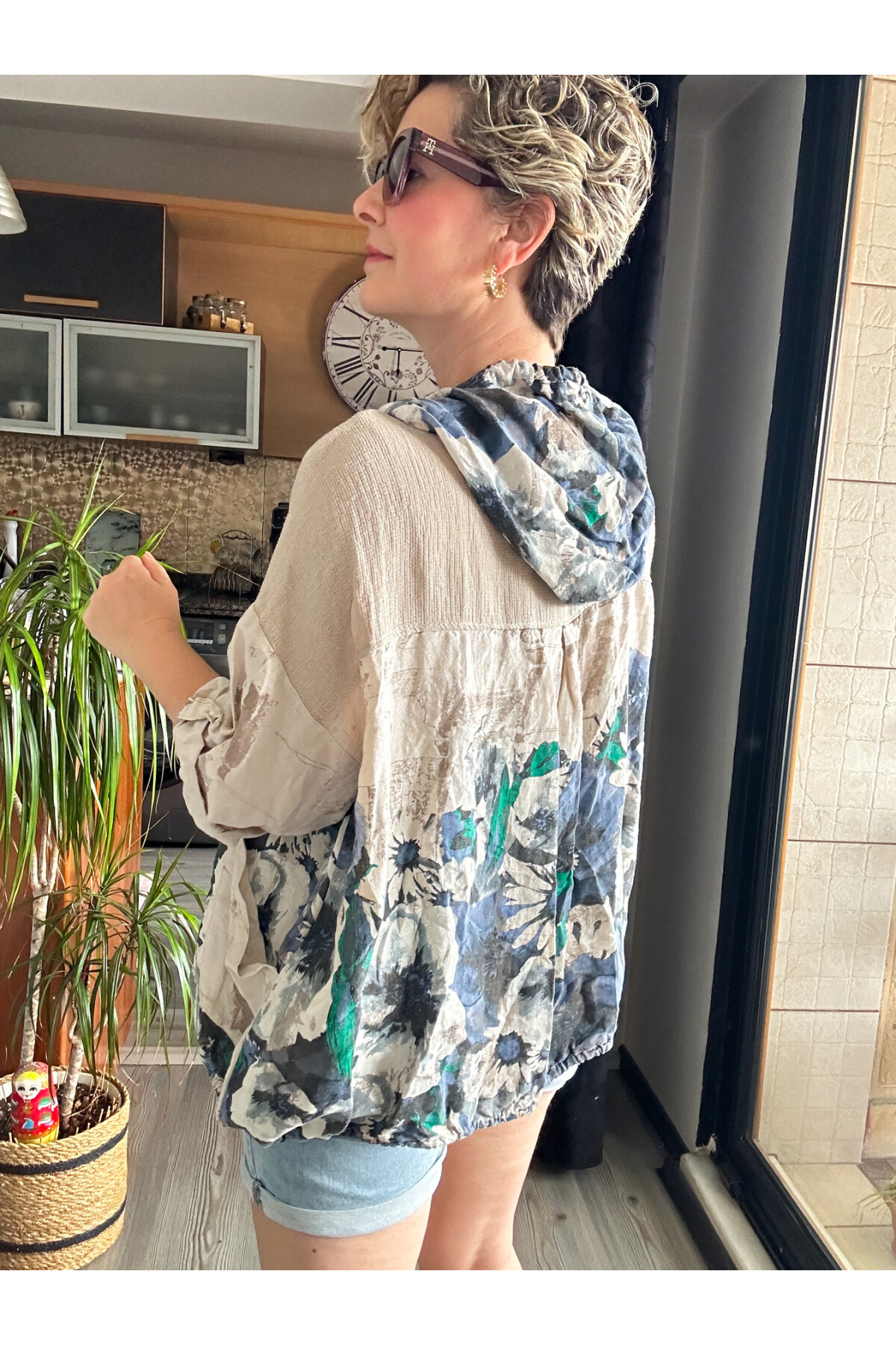 Passi İtalyan Tasarım Çiçek Desen Kapşon Ceket Vizon