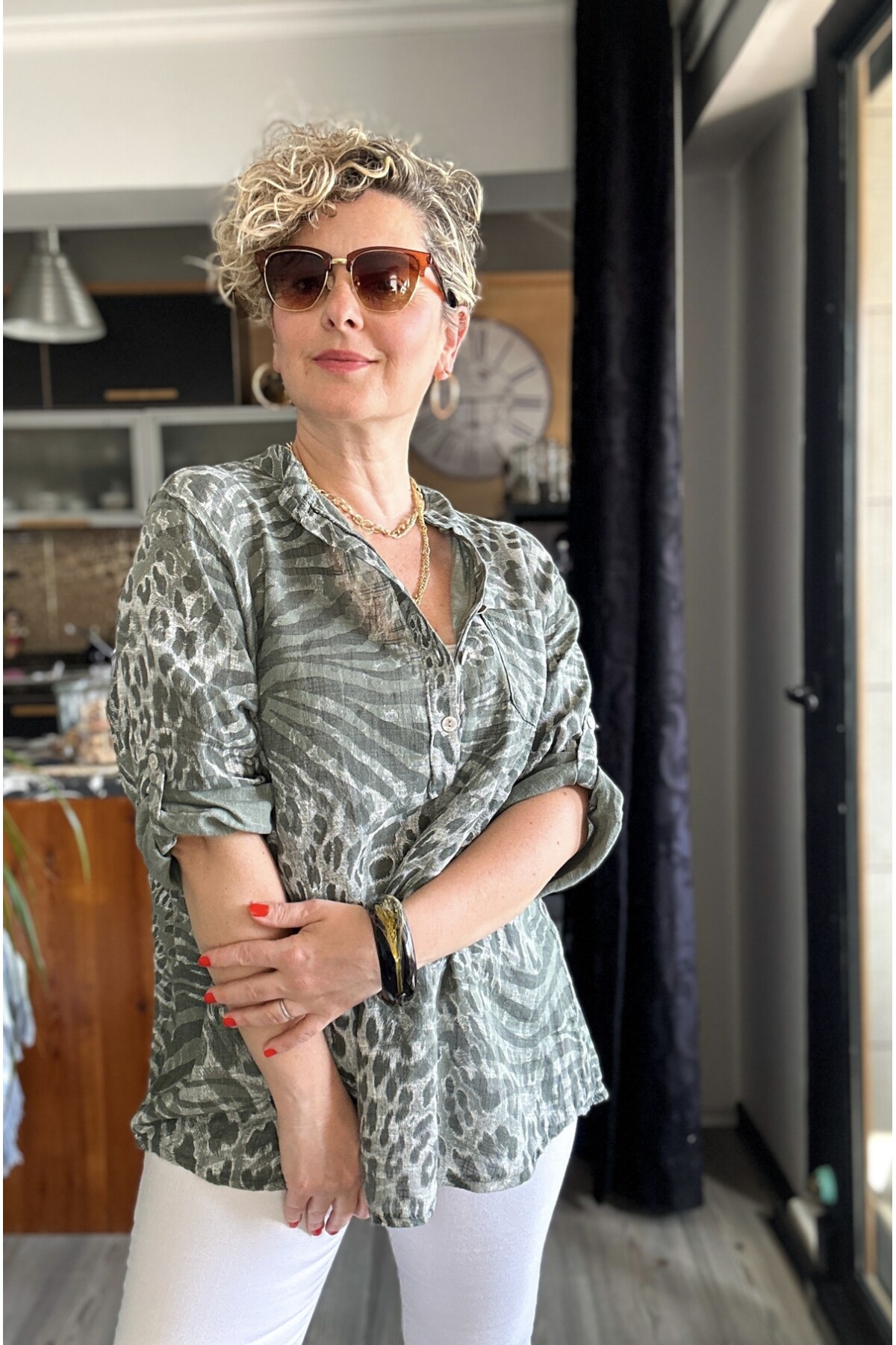 Perotti İtalyan Desenli Salaş Gömlek Haki Yeşil