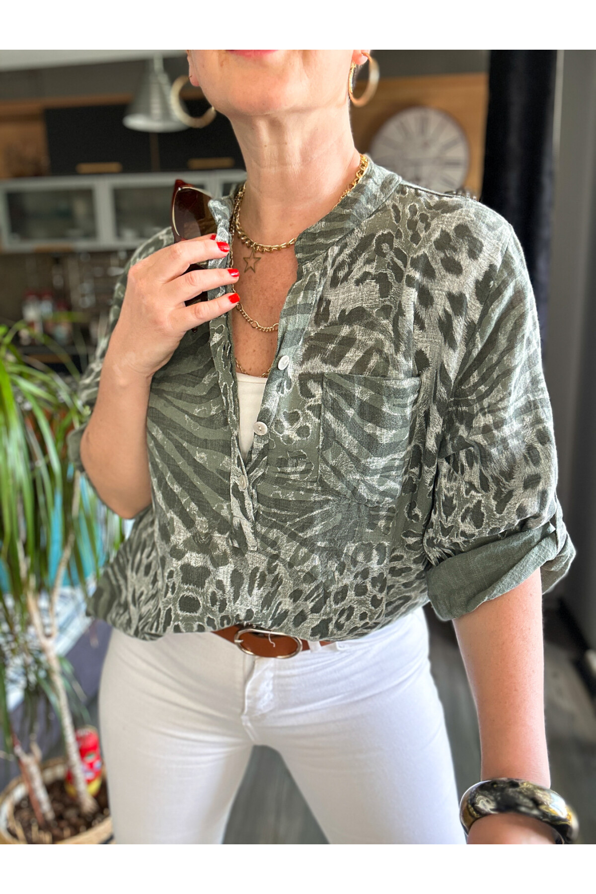 Perotti İtalyan Desenli Salaş Gömlek Haki Yeşil