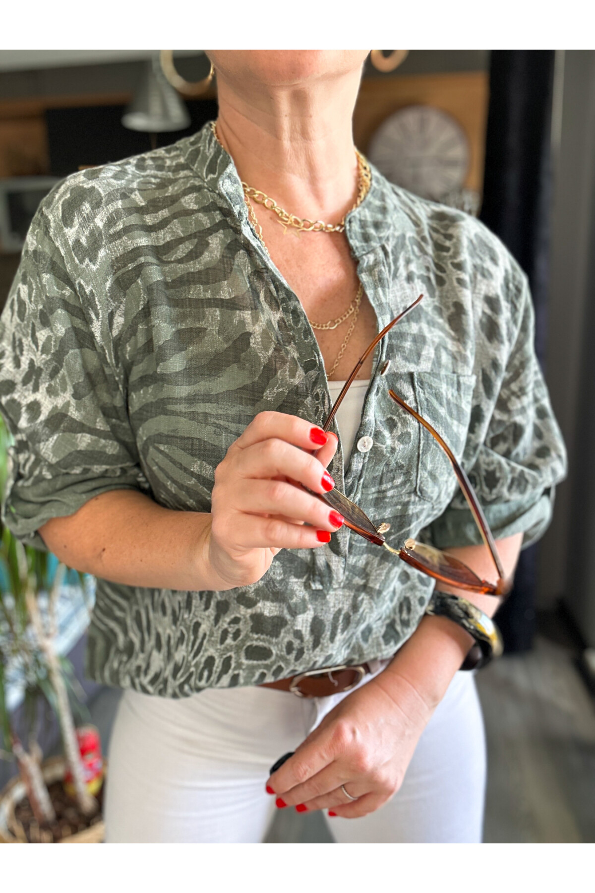 Perotti İtalyan Desenli Salaş Gömlek Haki Yeşil