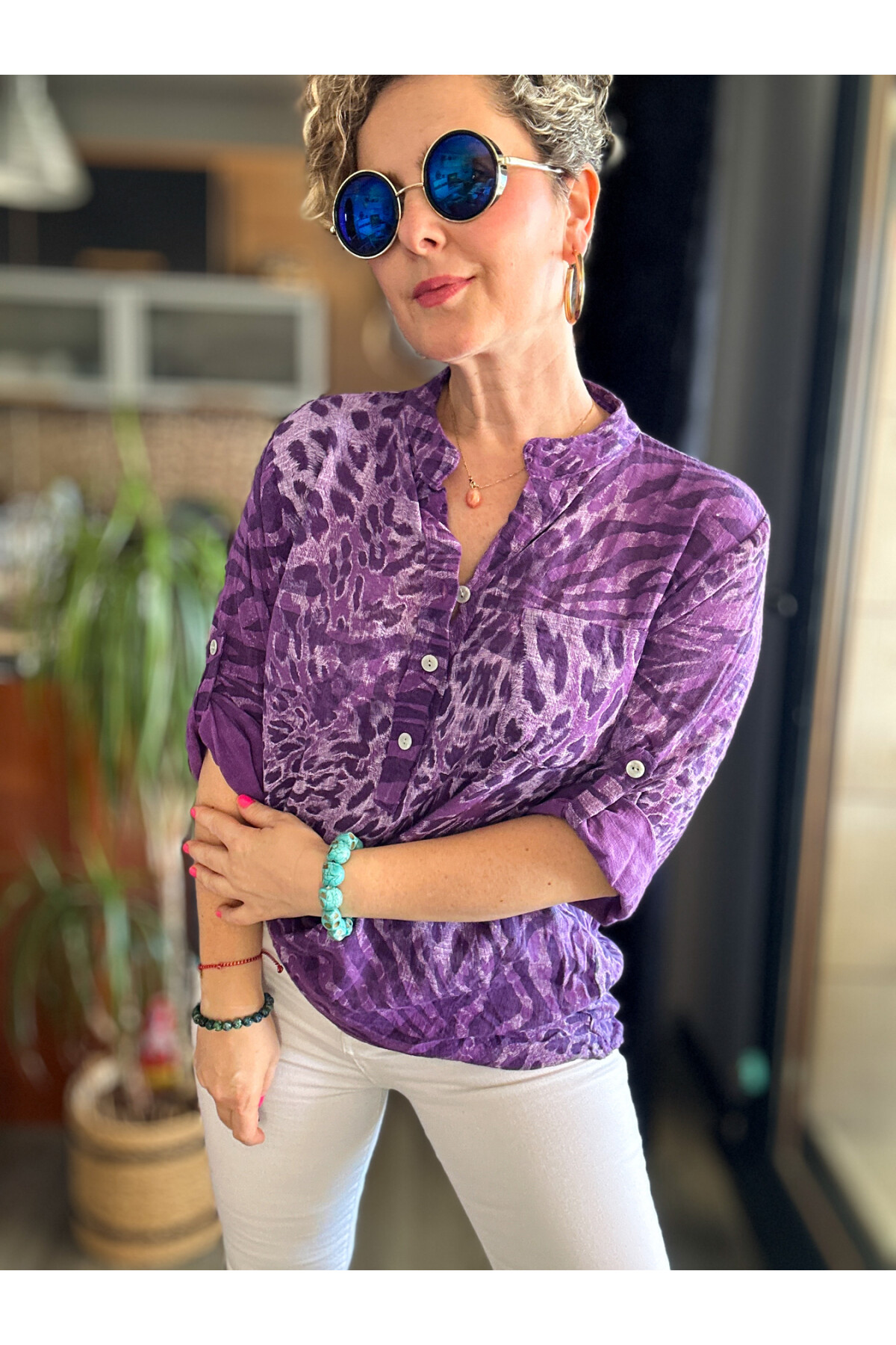 Perotti İtalyan Desenli Salaş Gömlek Mor