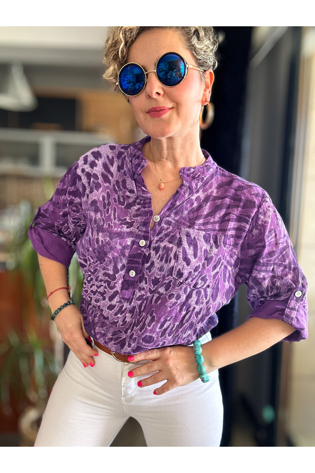 Perotti İtalyan Desenli Salaş Gömlek Mor