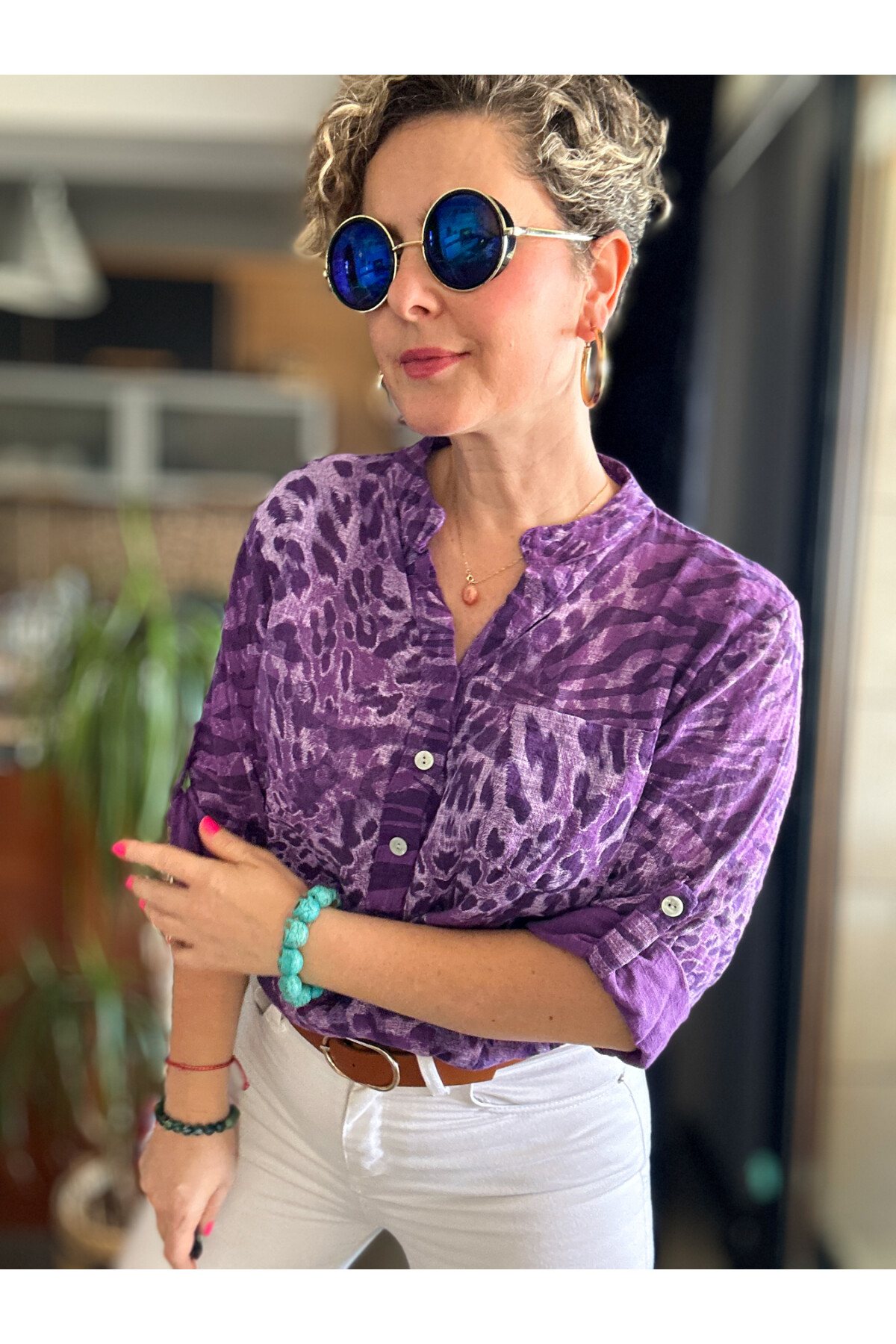 Perotti İtalyan Desenli Salaş Gömlek Mor