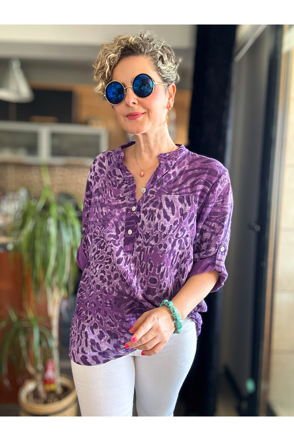 Perotti İtalyan Desenli Salaş Gömlek Mor