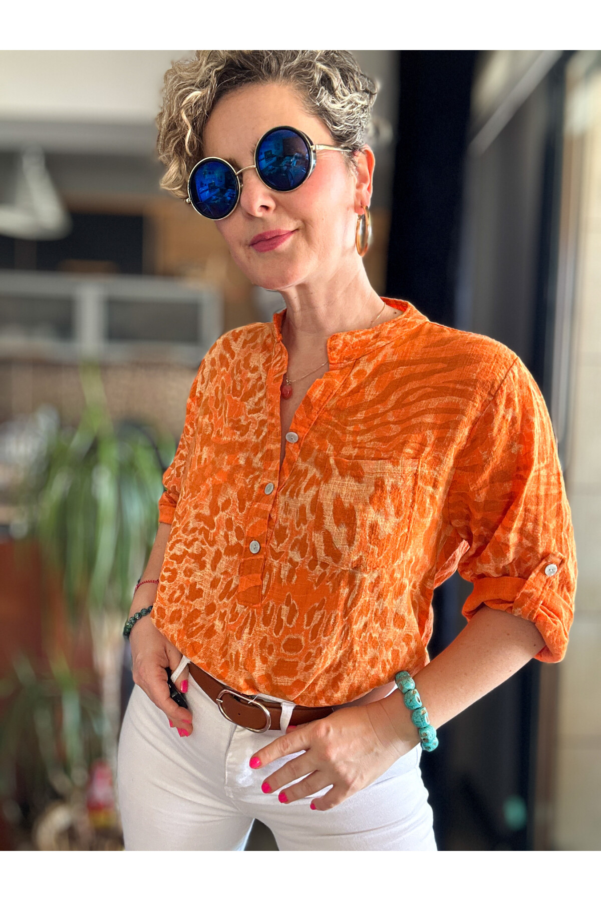 Perotti İtalyan Desenli Salaş Gömlek Turuncu