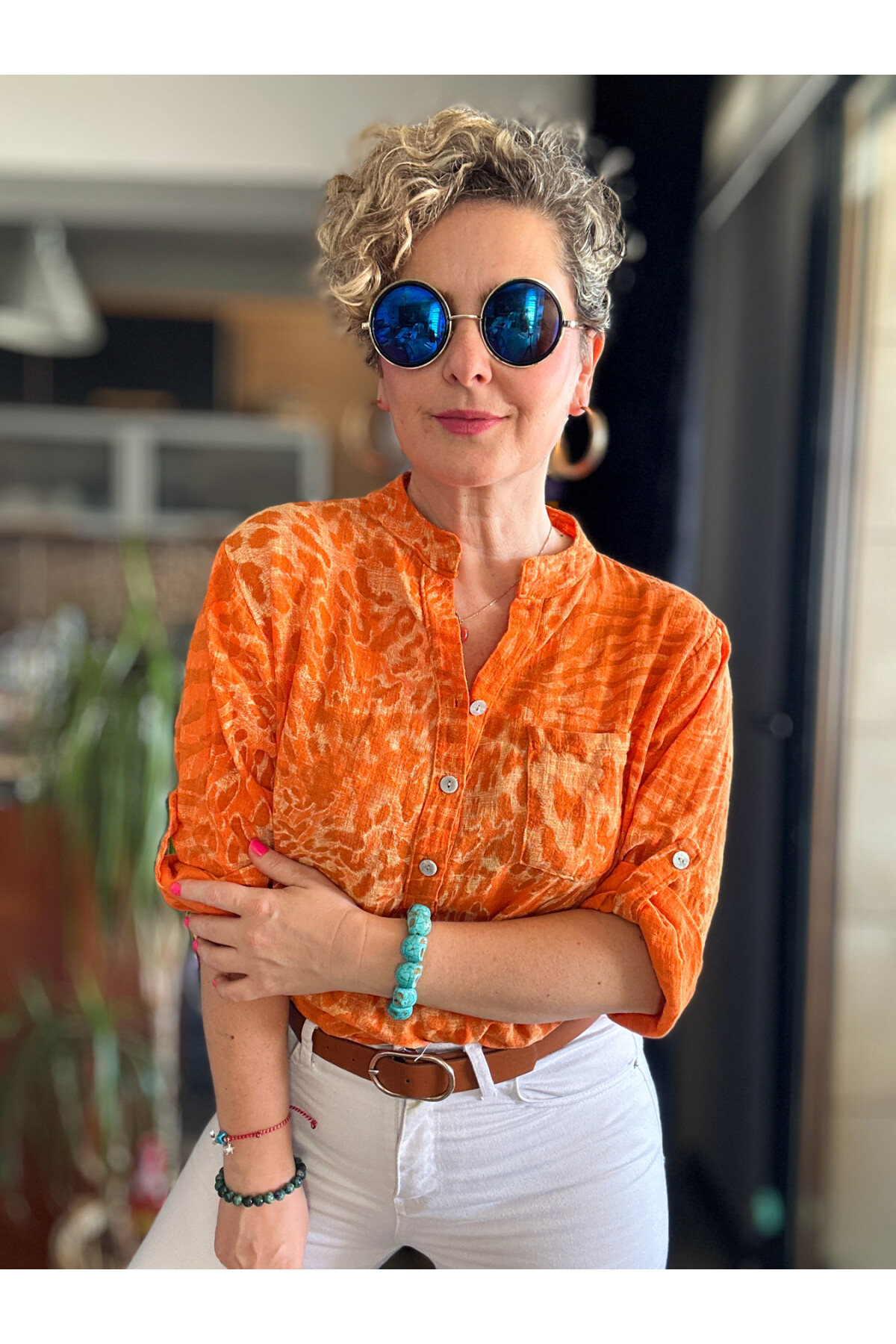 Perotti İtalyan Desenli Salaş Gömlek Turuncu