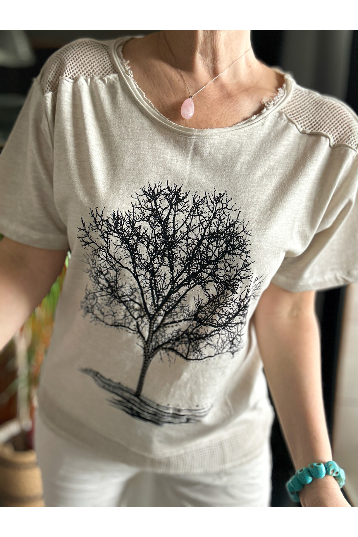 Picca Ağaç Desen Taşlı File Bluz Bej