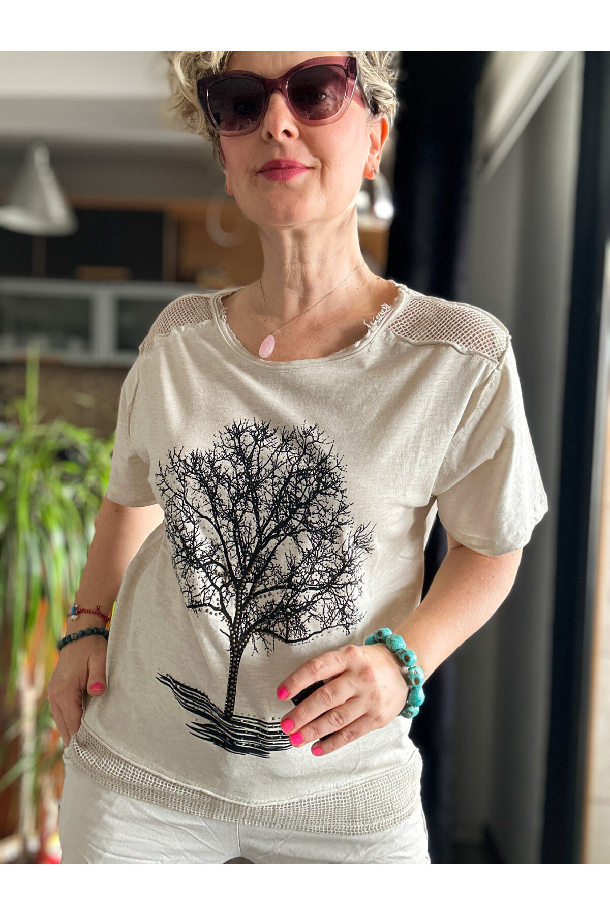 Picca Ağaç Desen Taşlı File Bluz Bej