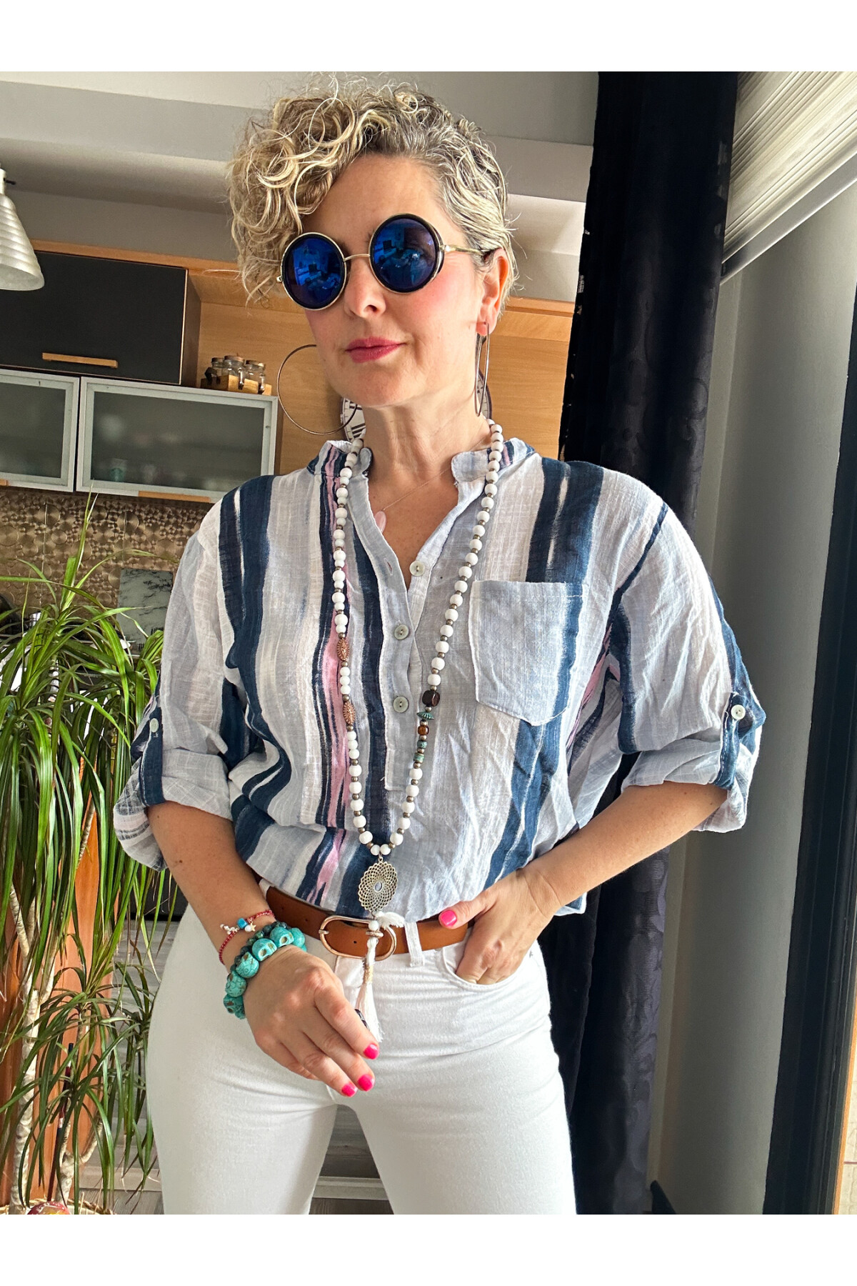 Picci Çizgi Desen Beyaz Desenli İtalyan Gömlek