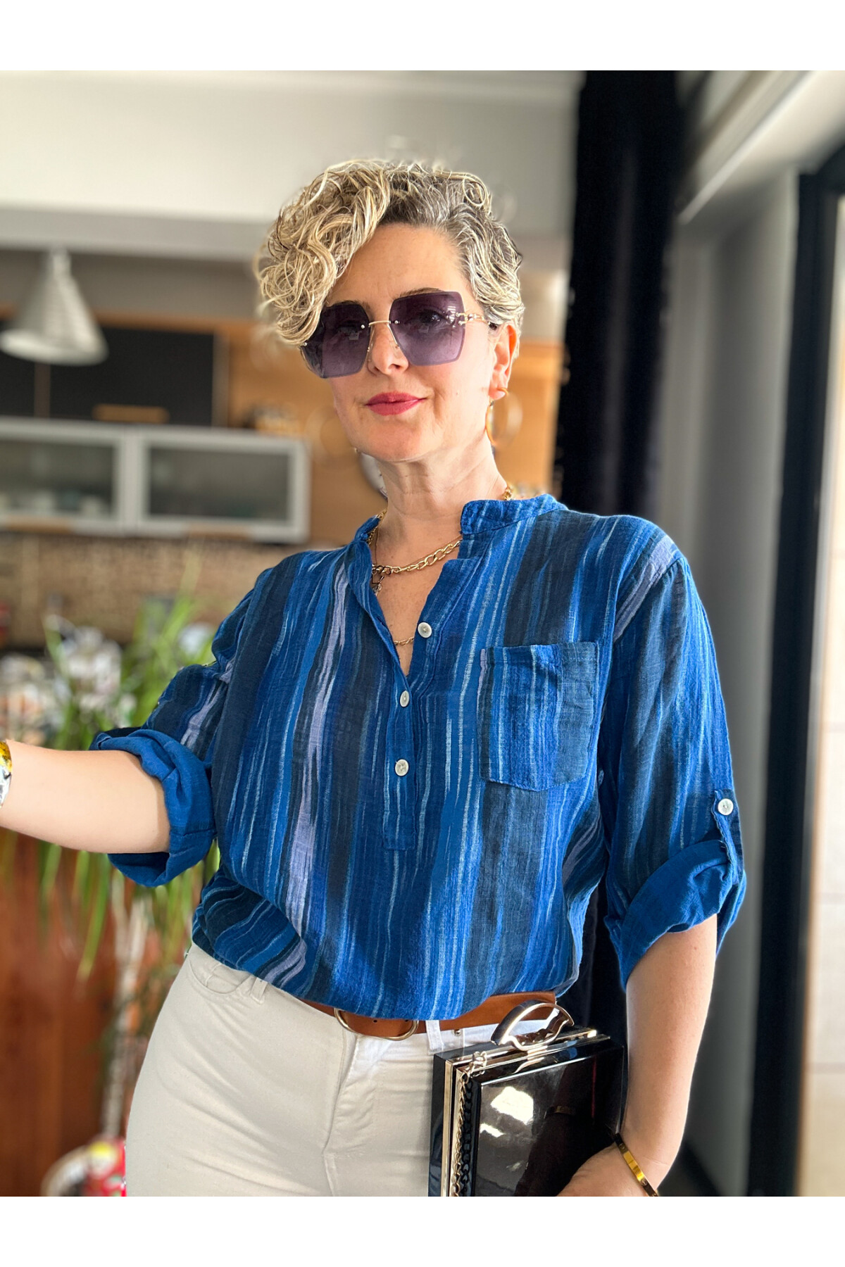 Picci Çizgi Desen Sax Mavi Desenli İtalyan Gömlek