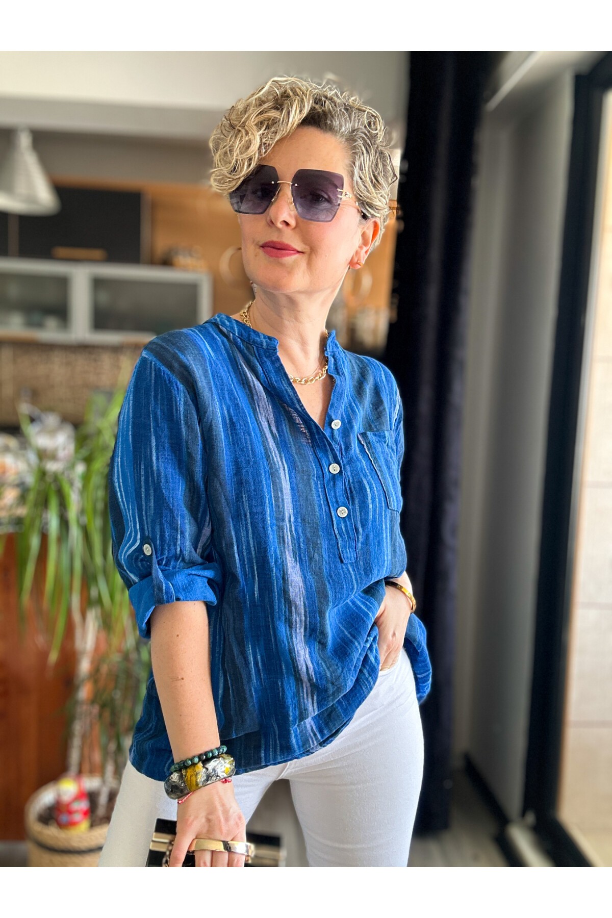 Picci Çizgi Desen Sax Mavi Desenli İtalyan Gömlek