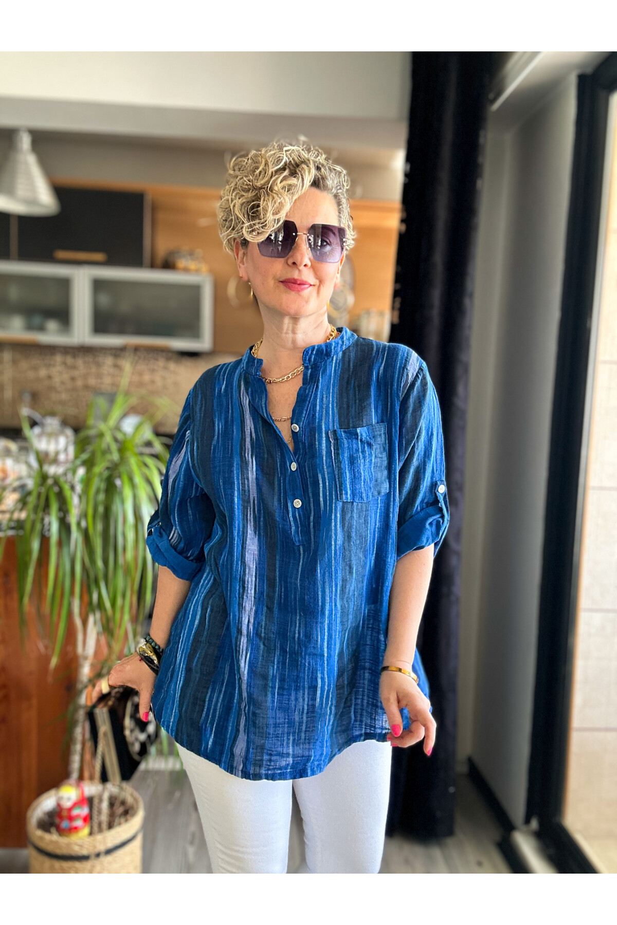 Picci Çizgi Desen Sax Mavi Desenli İtalyan Gömlek