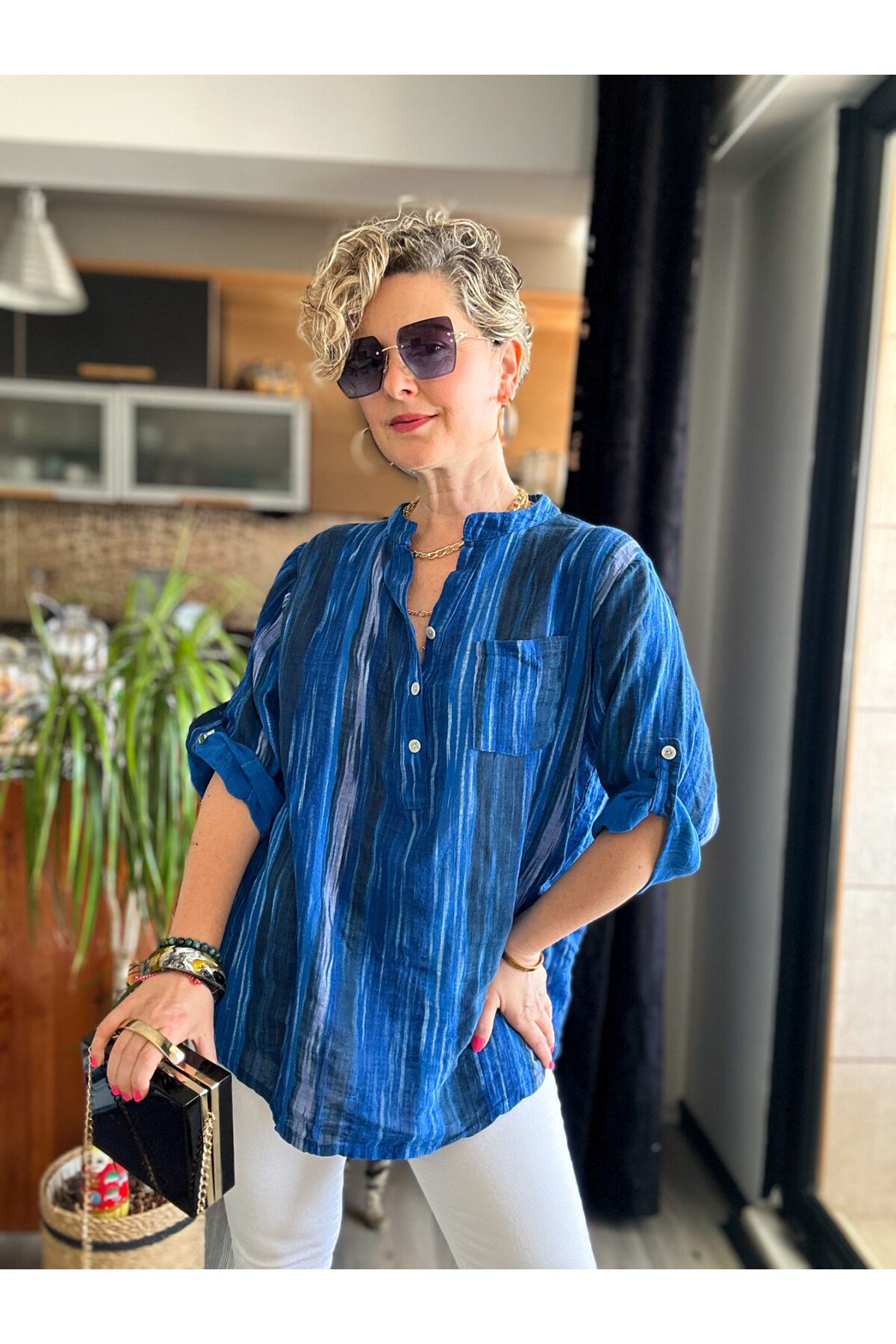 Picci Çizgi Desen Sax Mavi Desenli İtalyan Gömlek