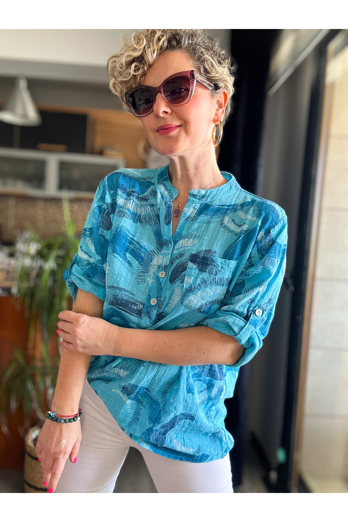 Picci Fırça Desen Mavi Desenli İtalyan Gömlek