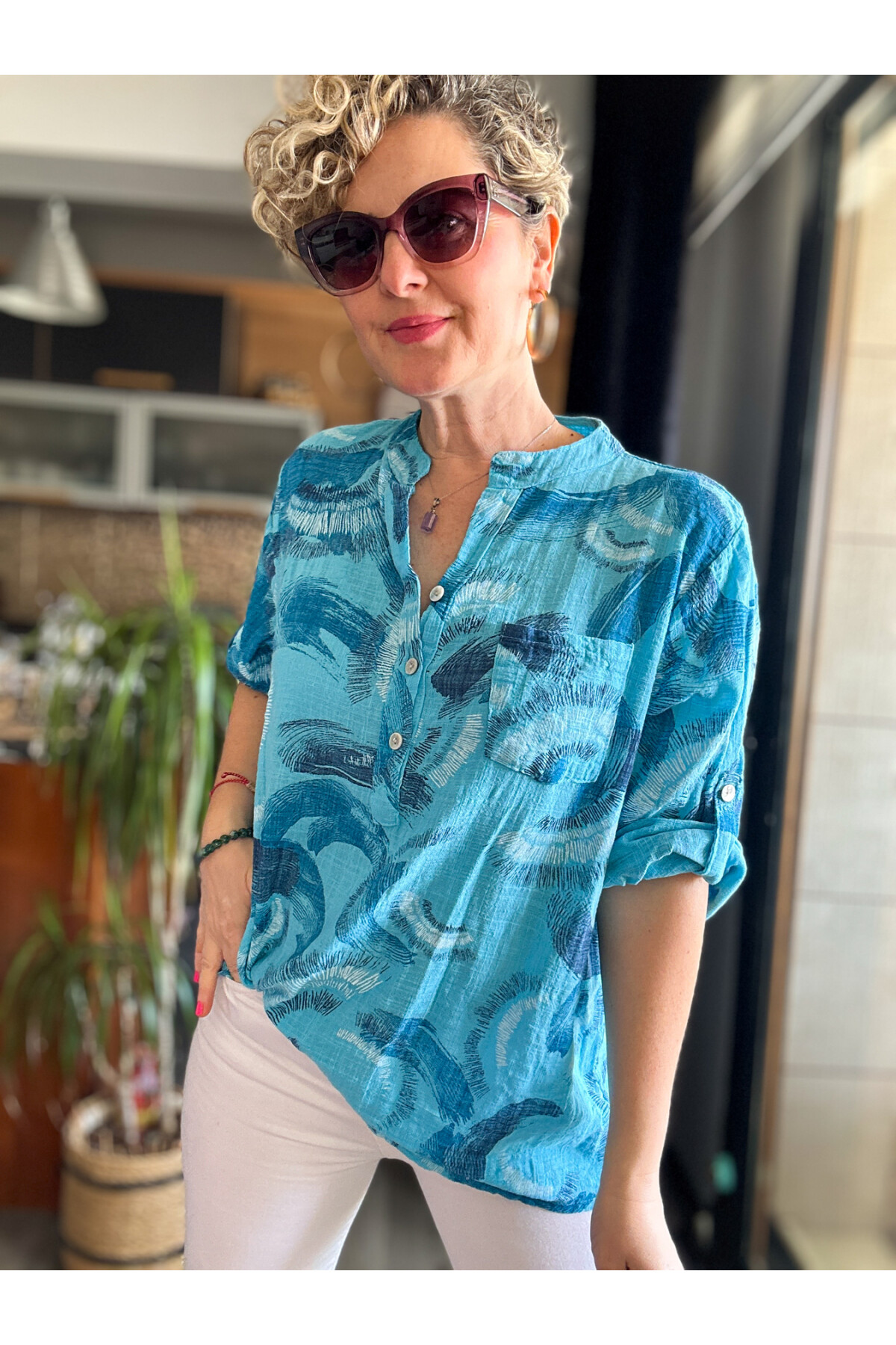 Picci Fırça Desen Mavi Desenli İtalyan Gömlek