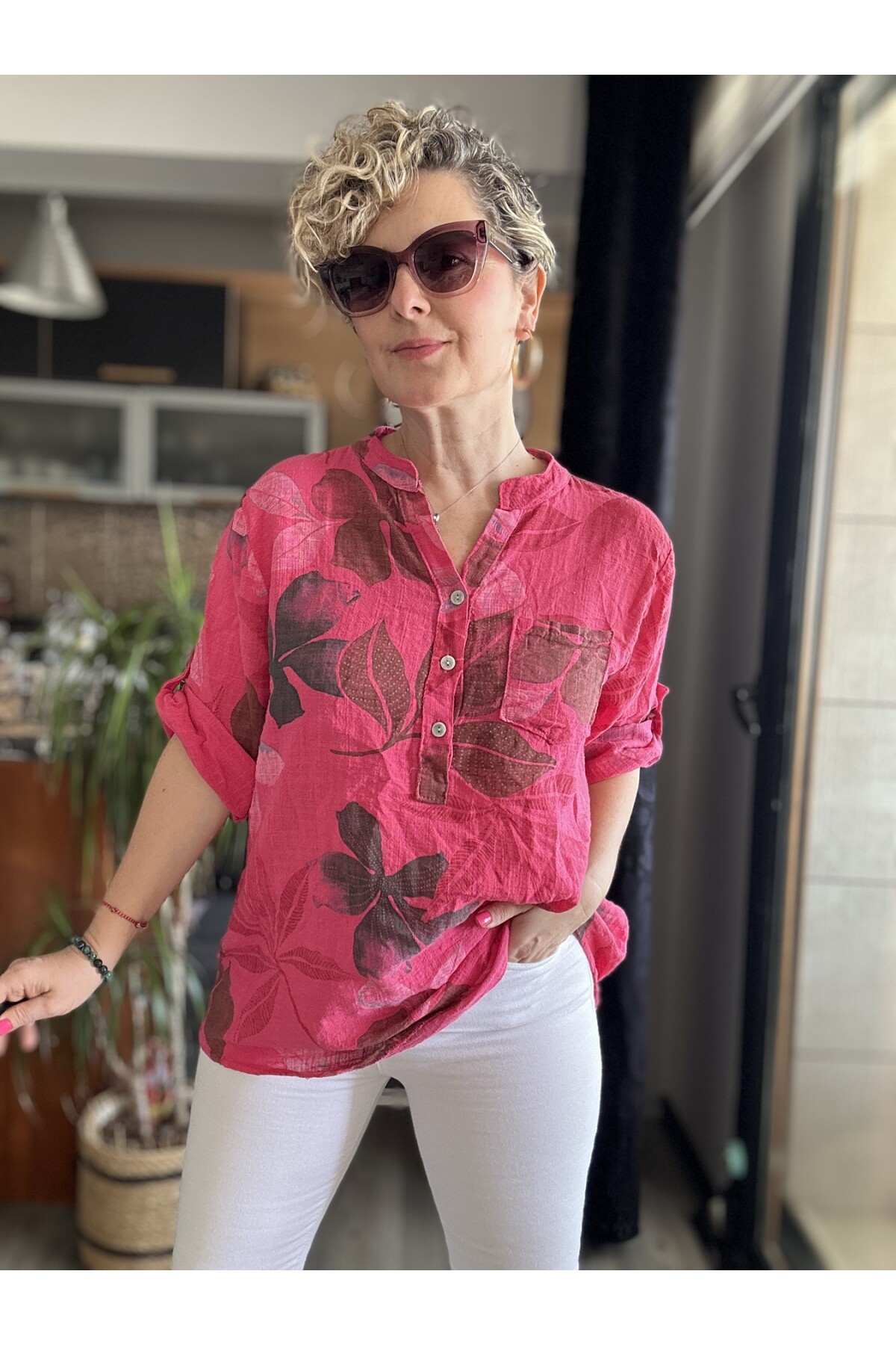 Picci Yaprak Desen Fuşya Desenli İtalyan Gömlek