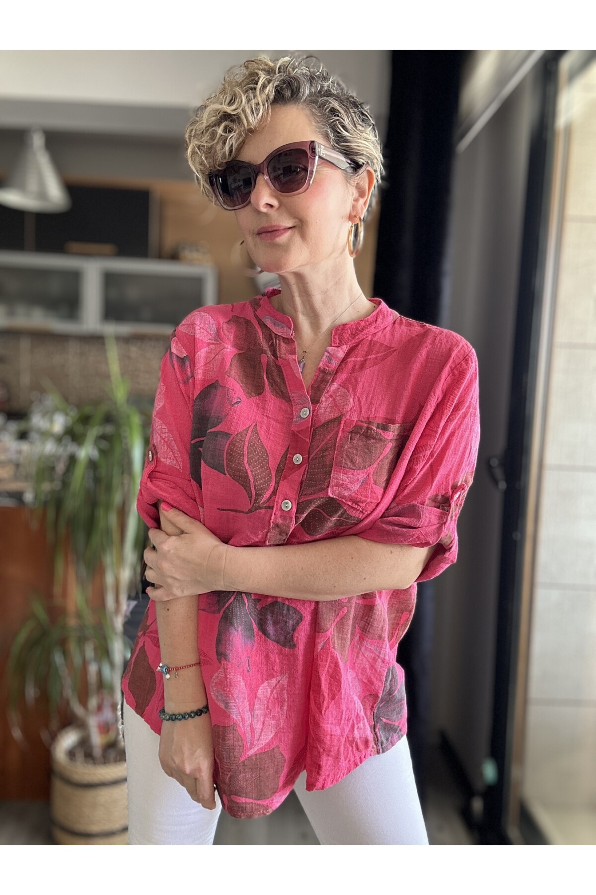 Picci Yaprak Desen Fuşya Desenli İtalyan Gömlek