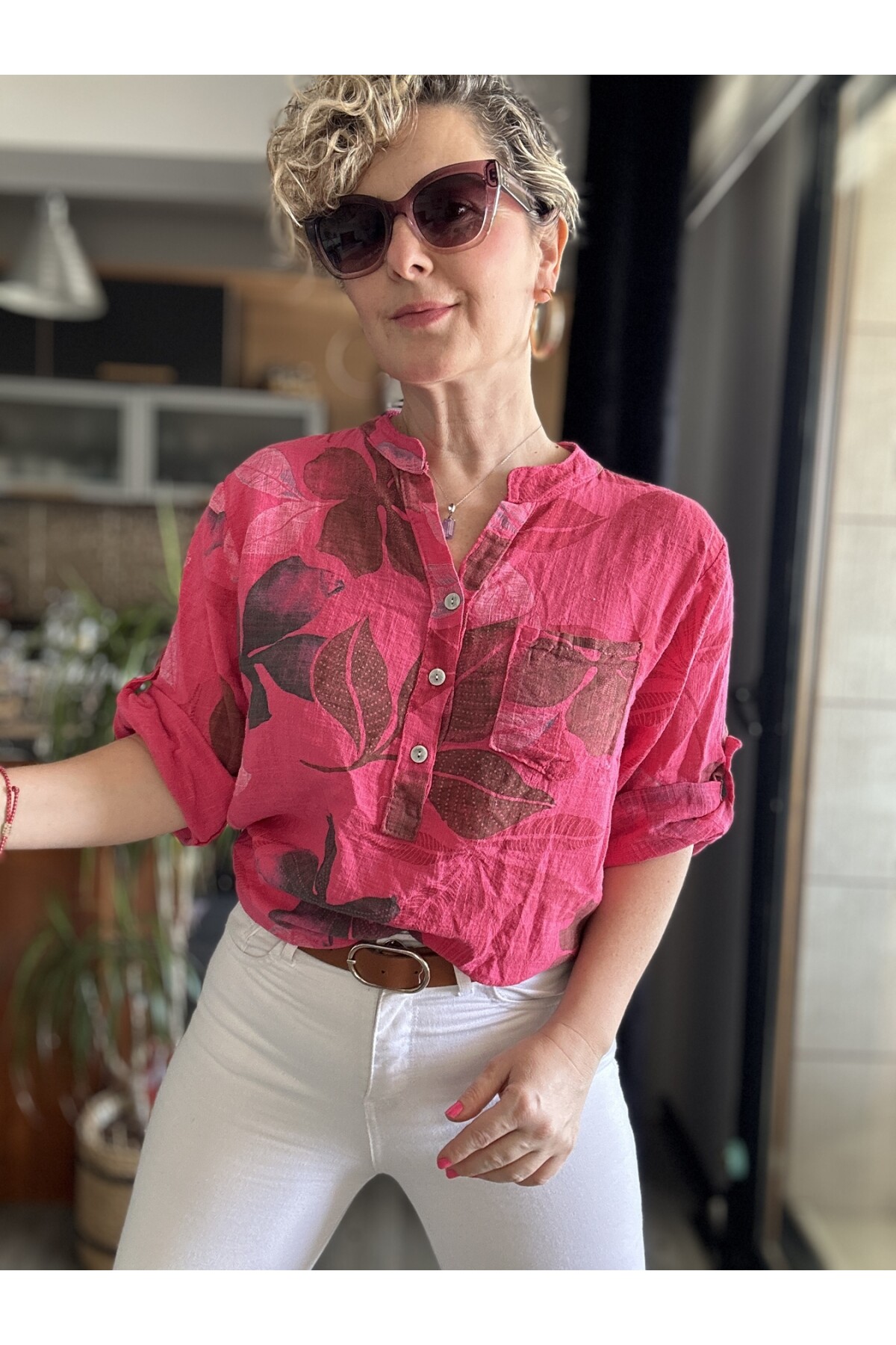 Picci Yaprak Desen Fuşya Desenli İtalyan Gömlek