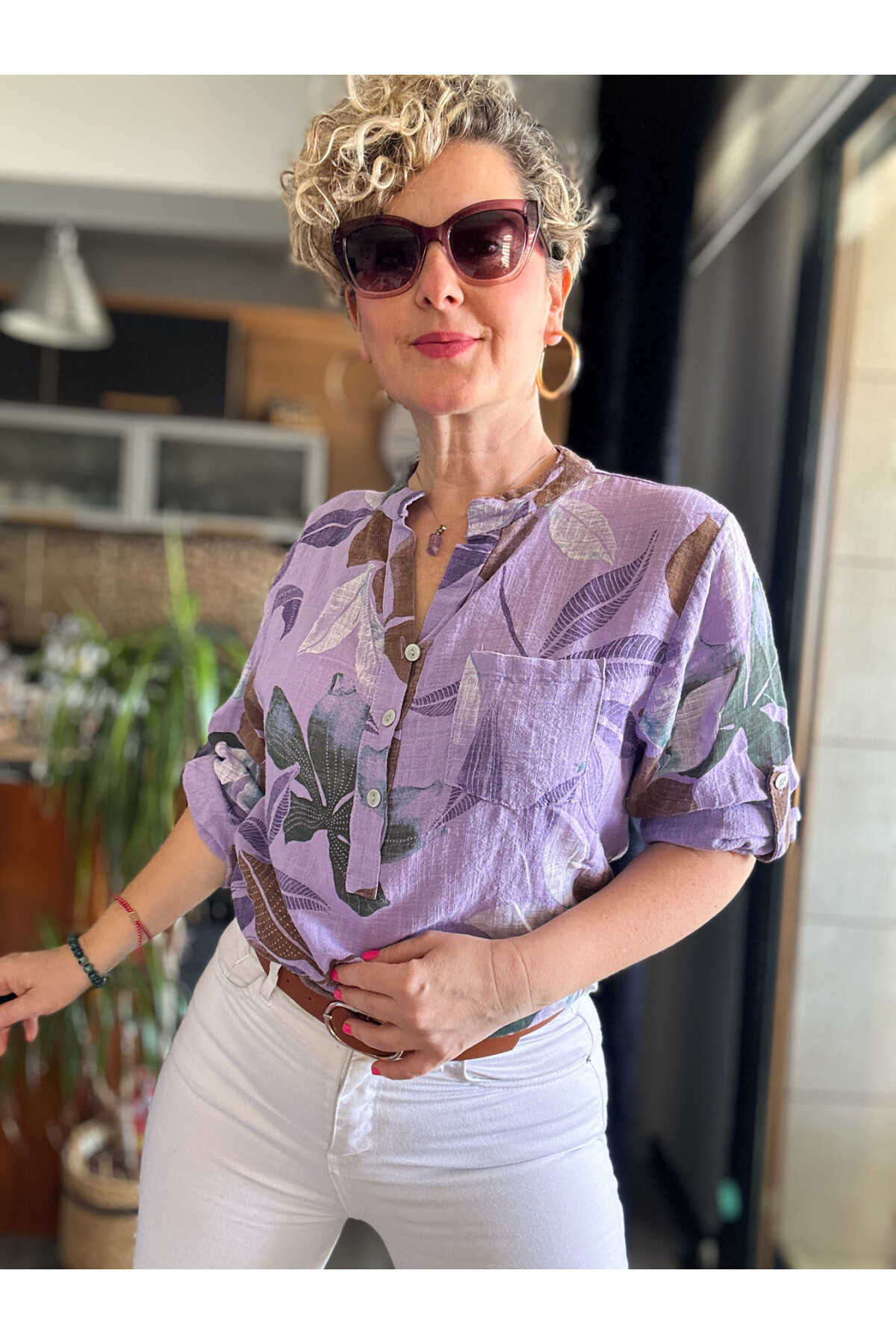 Picci Yaprak Desen Lila Desenli İtalyan Gömlek