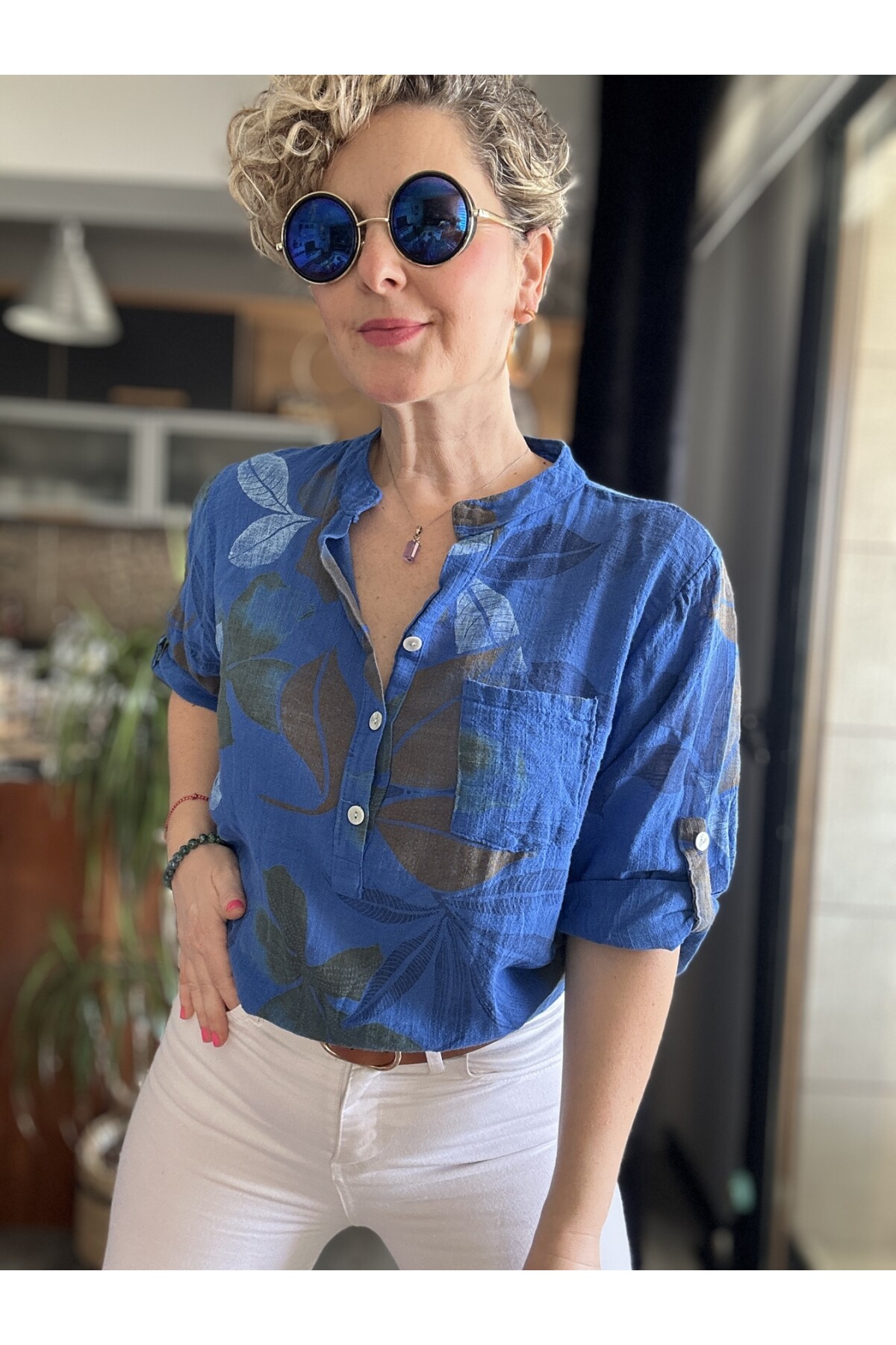 Picci Yaprak Desen Sax Desenli İtalyan Gömlek