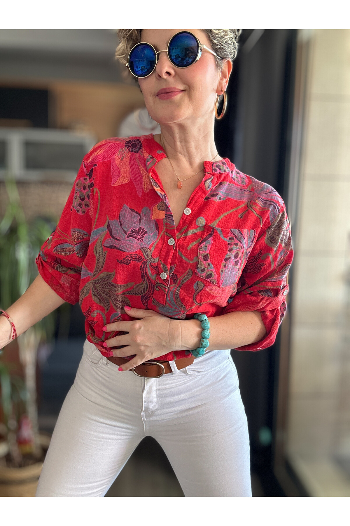 Picci Yeni Zambak Desen Nar Çiçeği Desenli İtalyan Gömlek