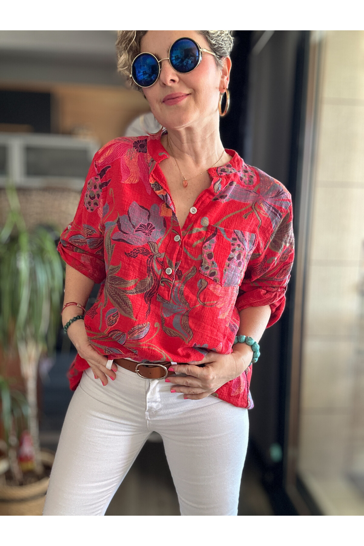 Picci Yeni Zambak Desen Nar Çiçeği Desenli İtalyan Gömlek