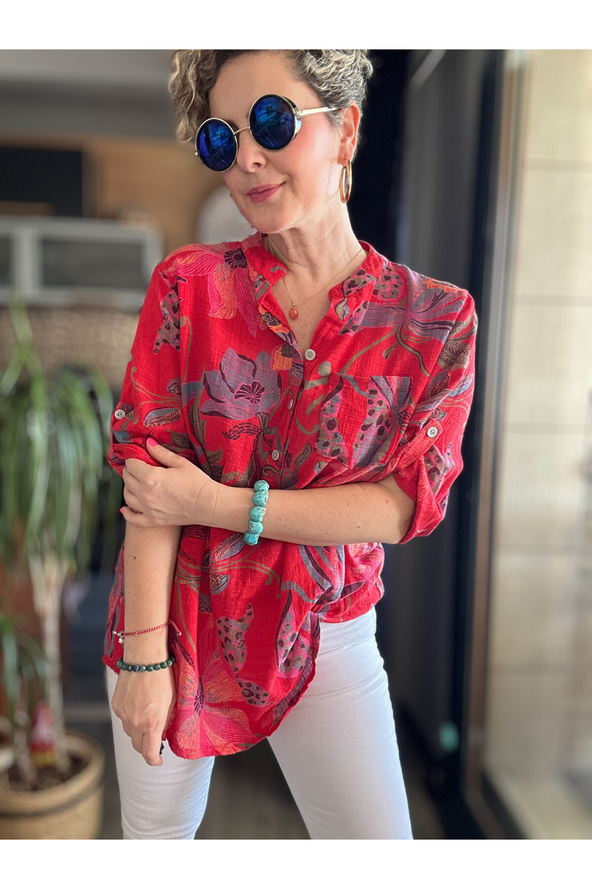 Picci Yeni Zambak Desen Nar Çiçeği Desenli İtalyan Gömlek