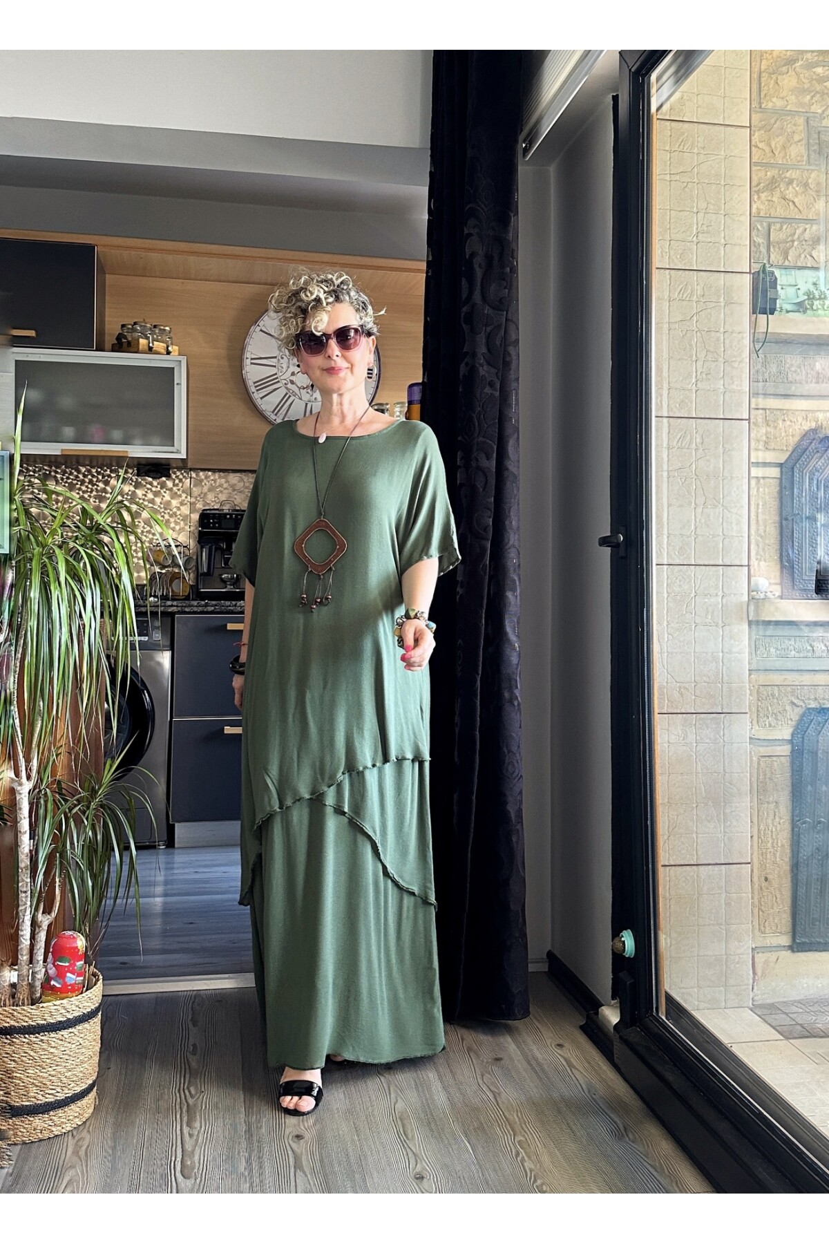 Pinoli Tasarım Kolyeli Çapraz Detay Elbise Yeşil