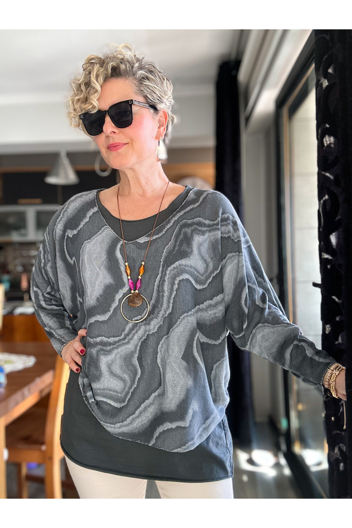 Pinsa Dalga Desen Kolyeli İtalyan Bluz Takım Antrasit