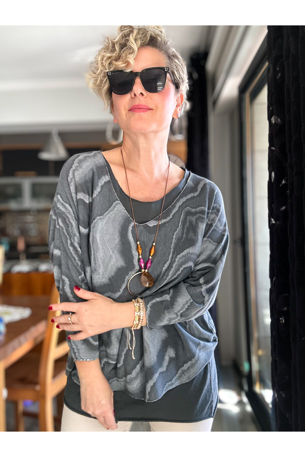 Pinsa Dalga Desen Kolyeli İtalyan Bluz Takım Antrasit