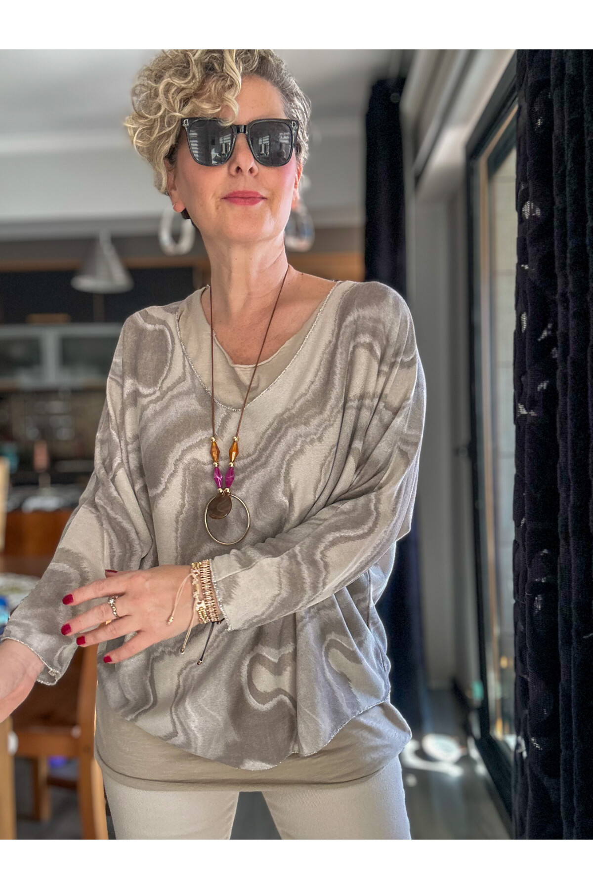 Pinsa Dalga Desen Kolyeli İtalyan Bluz Takım Beige