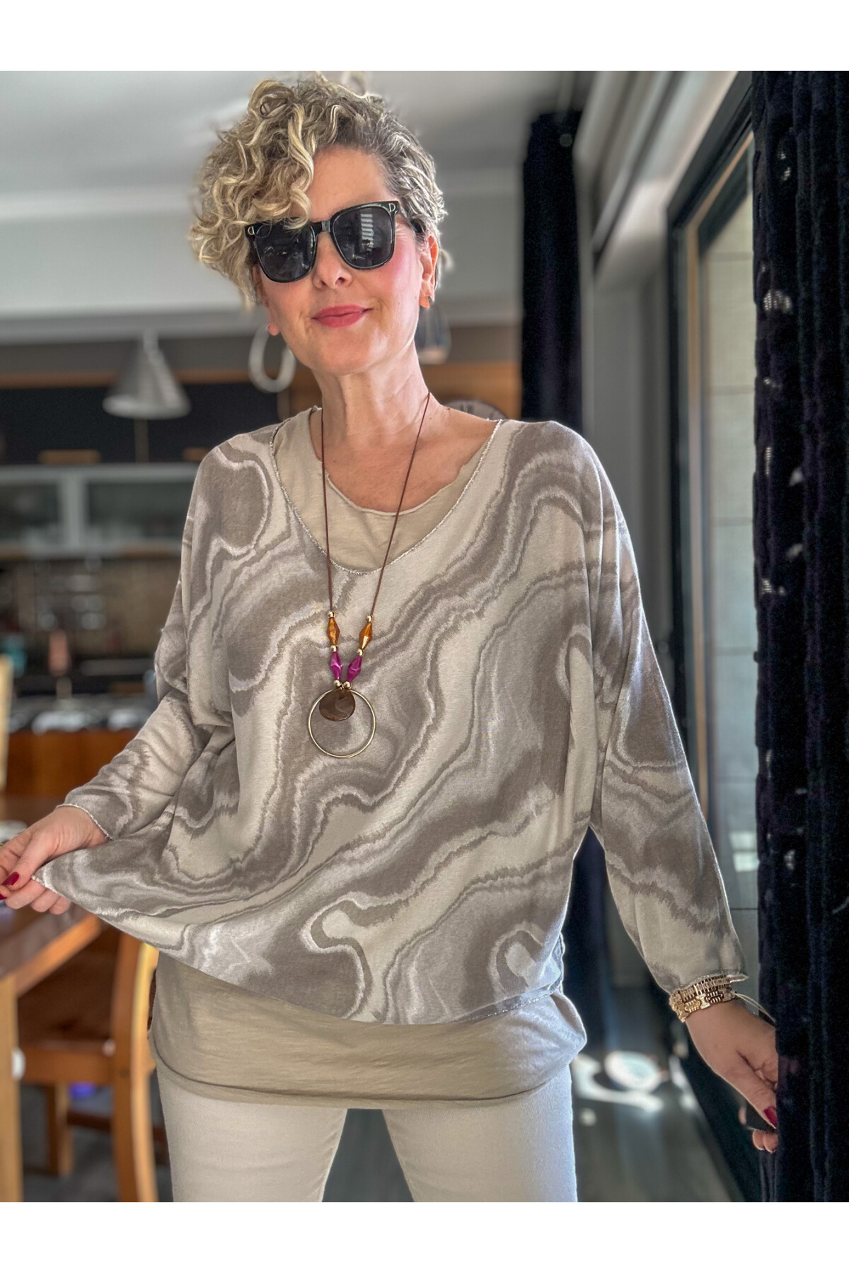 Pinsa Dalga Desen Kolyeli İtalyan Bluz Takım Beige